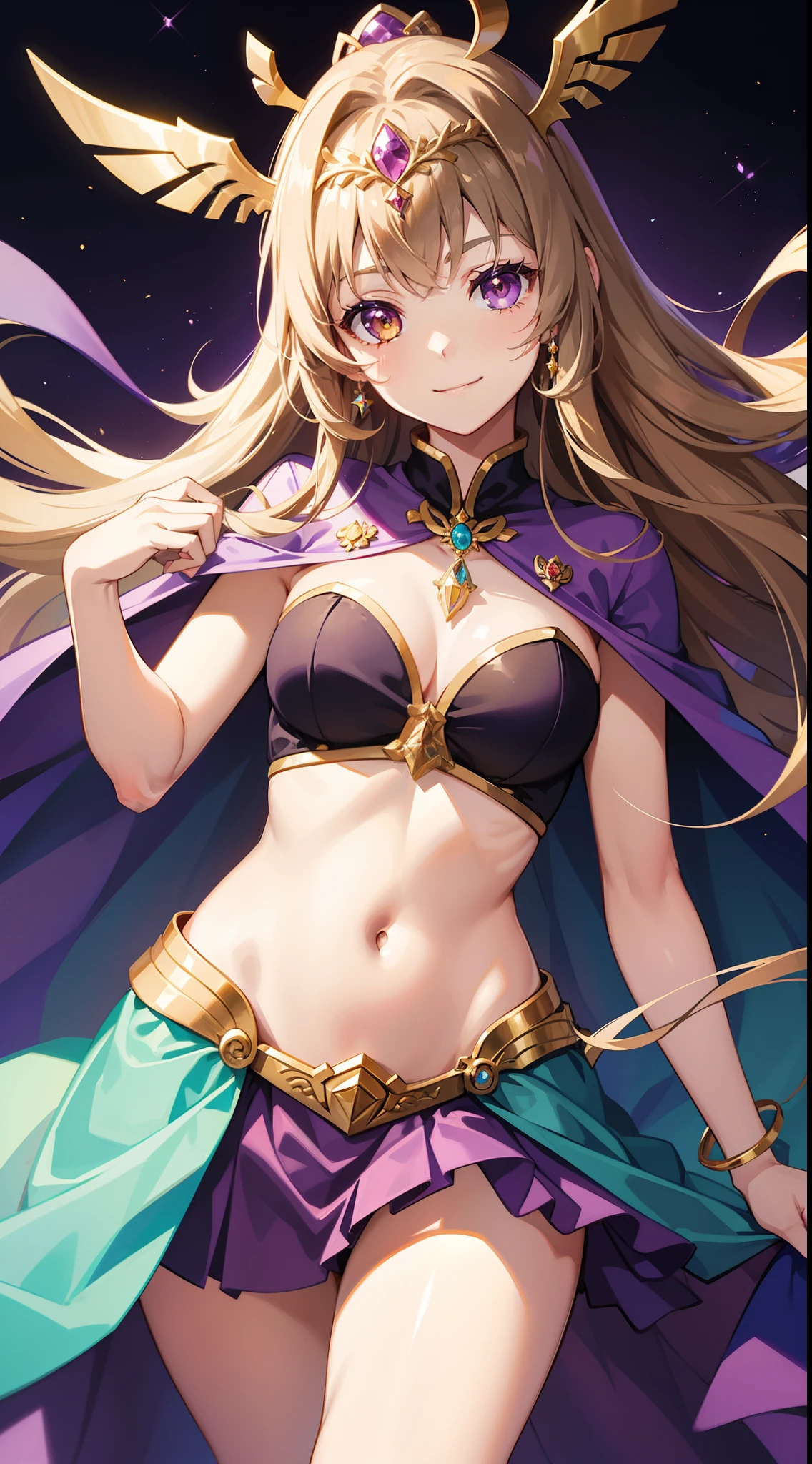 Young girl, long brown hair, heterochromya, purple and yellow eyes, smile, purple tight top, turquoise skirt, open belly, royal cape, diadem, gold elements, She-Ra, Masterpiece, hiquality, 4k, HD, Good detail