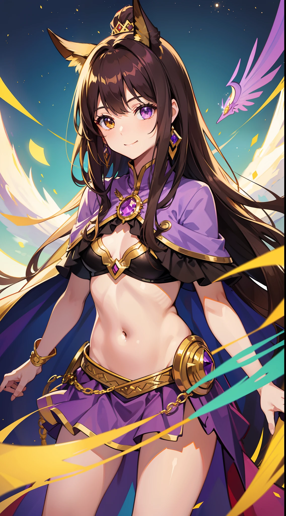 Young girl, Long brown hair, Heterochromia iridis, Gold and purple eyes, Purple Robe, No sleeve, Deep neckline, Open chest, Open the belly, smile, masterpiece, high quality, High detail, High resolution, 4K