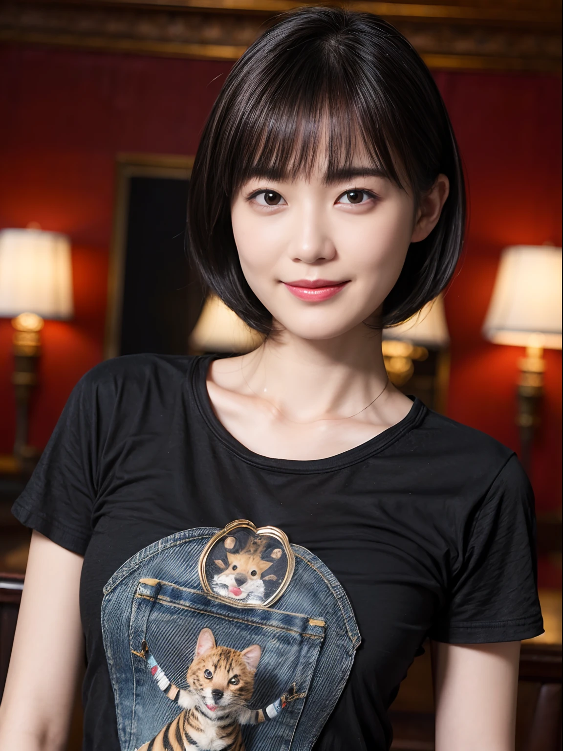 ((1womanl)),  (((Black-short-hair))), （masuter piece：1,3）、top-quality、​masterpiece、hight resolution、Original、highly detailed wallpaper、jeans、 (A slight smil)、a small face、((full breasts))、(Graphic T-shirt with animal character printed)、(light on face)、Live-action style, Beautiful facial features, Luxurious large room, cowboy  shot