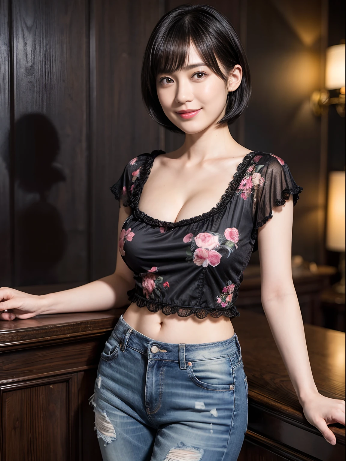 ((1womanl)), (((Black-short-hair))), (masuter piece:1,3)、top-quality、masterpiece、hight resolution、Original、highly detailed wallpaper、jeans、 (A slight smil)、a small face、((full breasts))、(Graphic T-shirt with animal character printed)、(light on face)、Live-action style, Beautiful facial features, Luxurious large room, cowboy shot