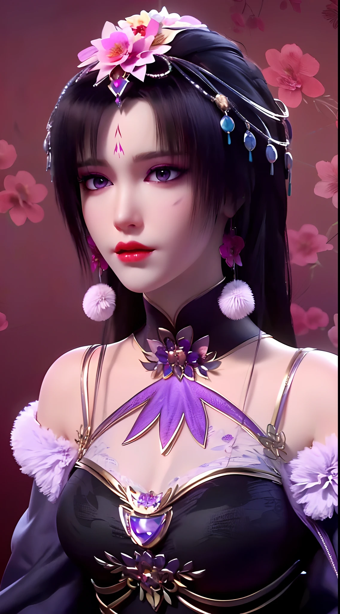 1 beautiful and sexy 20 year old girl, ((wearing a super thin purple dress:1.5)), a dress with diamonds, ((long black purple hair:1.6)), bangs, ((pastel pink hairpin:1.2)), jewelry elaborately made from precious stones and beautiful hair, ((wearing a black lace necklace:1.4))), the noble, noble style of an extremely beautiful girl, her small face is super cute, her face is very pretty, thin eyebrows, flawless beautiful face, ((black eye pupils: 0.8)), very beautiful eyes, ((purple eyes: 1.5)), nice makeup and hair detailed eyelashes, steamy eye makeup, high nose, earrings, red lips, ((closed mouth: 1;5 )) beautiful lips, slim hands, most beautiful thighs, ((arms spread out to the sides: 1.5) ), rosy face, clean face, flawless beautiful face, smooth white skin, (big breasts: 1.5)), ((high breasts: 1.6) ), tight breasts, beautiful cleavage, (((big breasts and super round: 1.8))), ((super tight breasts: 1.7)) , beautiful breasts, back arms, chest out, thin black mesh stockings with black lace trim, 8k photo, super high quality, super realistic, super 10x pixels, optical, bright studio, bright edges, dual-tone lighting, (high-detail skin:1.2), super 8k, soft lighting, high quality, volumetric lighting, photorealistic, photorealistic high resolution, lighting, best photo, 4k, 8k quality, blur effect, smooth sharp, 10 x pixel, bright harmonious colors, ((red flower background:1.7)), aurora, lightning, super graphics realistic, most realistic graphics, alone, solo, Extremely sharp image, surreal, girl's upper body, (((frontal portrait: 1.2)))."