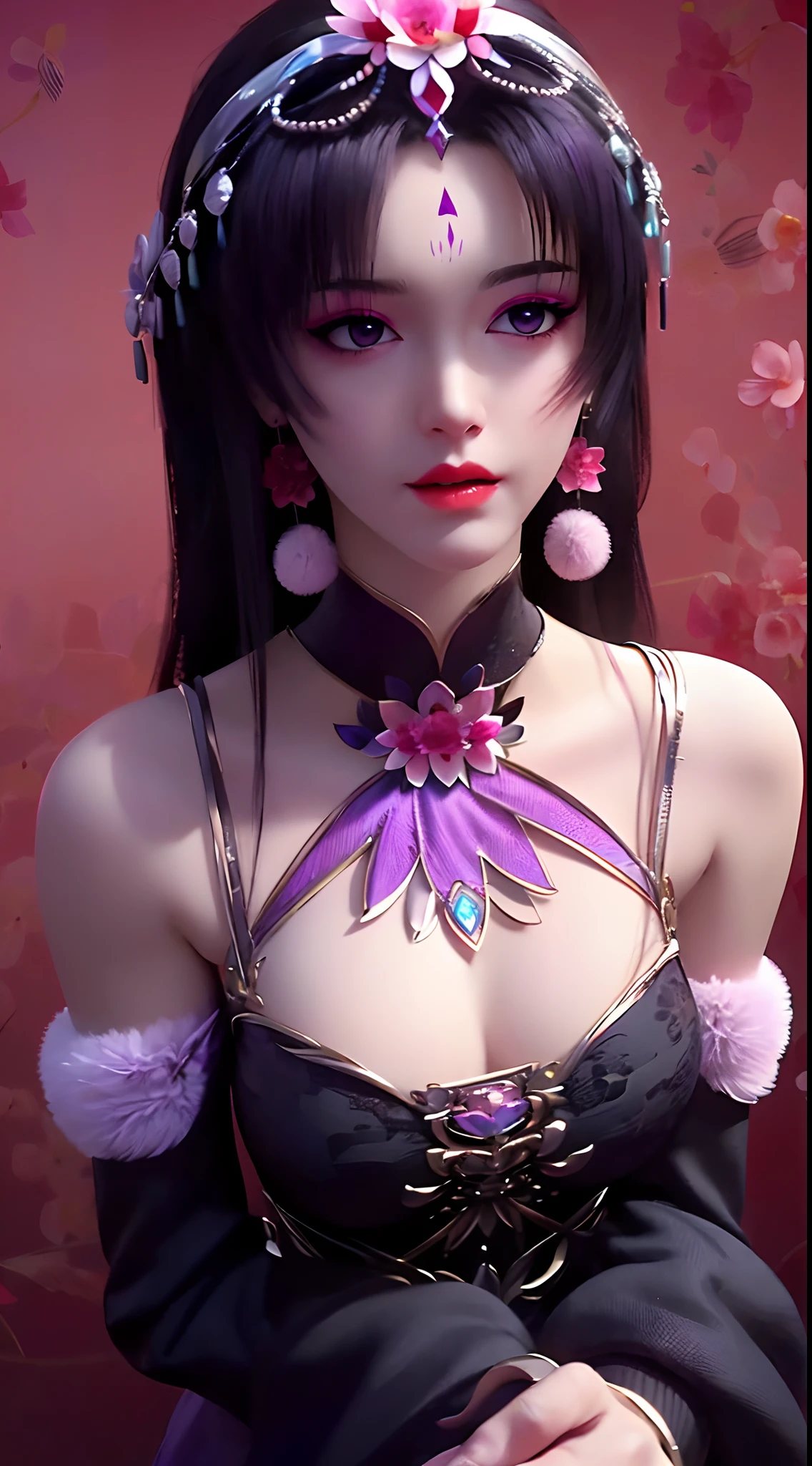 1 beautiful and sexy 20 year old girl, ((wearing a super thin purple dress:1.5)), a dress with diamonds, ((long black purple hair:1.6)), bangs, ((pastel pink hairpin:1.2)), jewelry elaborately made from precious stones and beautiful hair, ((wearing a black lace necklace:1.4))), the noble, noble style of an extremely beautiful girl, her small face is super cute, her face is very pretty, thin eyebrows, flawless beautiful face, ((black eye pupils: 0.8)), very beautiful eyes, ((purple eyes: 1.5)), nice makeup and hair detailed eyelashes, steamy eye makeup, high nose, earrings, red lips, ((closed mouth: 1;5 )) beautiful lips, slim hands, most beautiful thighs, ((arms spread out to the sides: 1.5) ), rosy face, clean face, flawless beautiful face, smooth white skin, (big breasts: 1.5)), ((high breasts: 1.6) ), tight breasts, beautiful cleavage, (((big breasts and super round: 1.8))), ((super tight breasts: 1.7)) , beautiful breasts, back arms, chest out, thin black mesh stockings with black lace trim, 8k photo, super high quality, super realistic, super 10x pixels, optical, bright studio, bright edges, dual-tone lighting, (high-detail skin:1.2), super 8k, soft lighting, high quality, volumetric lighting, photorealistic, photorealistic high resolution, lighting, best photo, 4k, 8k quality, blur effect, smooth sharp, 10 x pixel, bright harmonious colors, ((red flower background:1.7)), aurora, lightning, super graphics realistic, most realistic graphics, alone, solo, Extremely sharp image, surreal, girl's upper body, (((frontal portrait: 1.2)))."