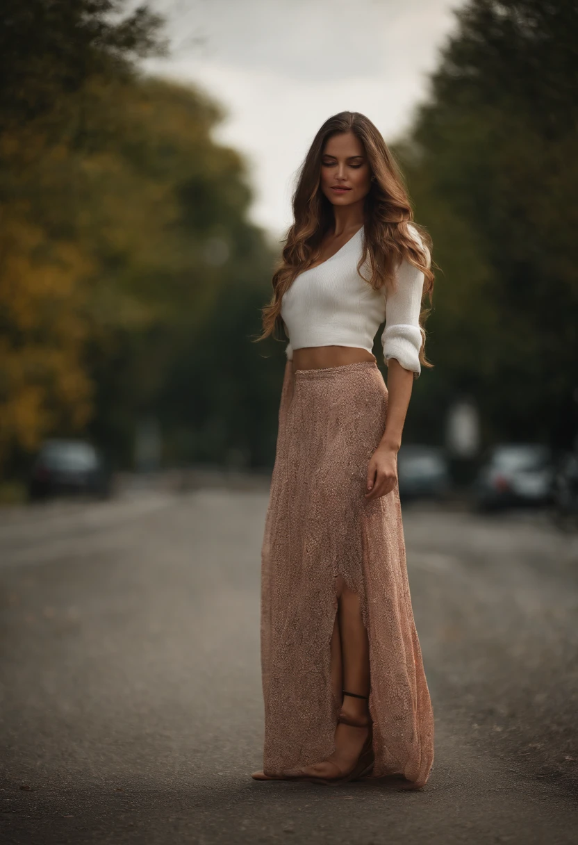 Sexy woman wears long skirt, Walk on the highway to the sun，cloudy，Cloudy sky, The Sony A6400 camera uses a 50mm Sigma lens to take pictures from behind, Wind and clouds change color，terroral，The feeling that disaster is about to happen