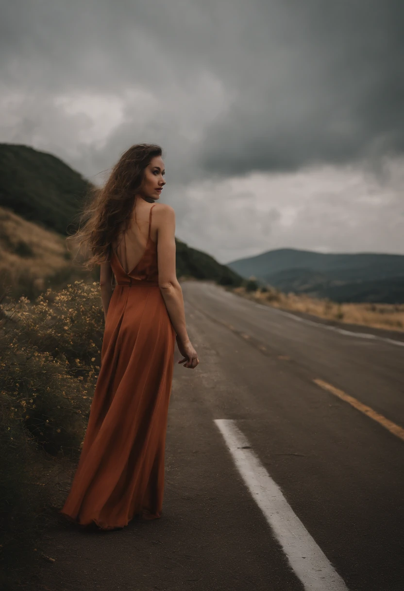 Sexy woman wears long skirt, Walk on the highway to the sun，cloudy，Cloudy sky, The Sony A6400 camera uses a 50mm Sigma lens to take pictures from behind, Wind and clouds change color，terroral，The feeling that disaster is about to happen