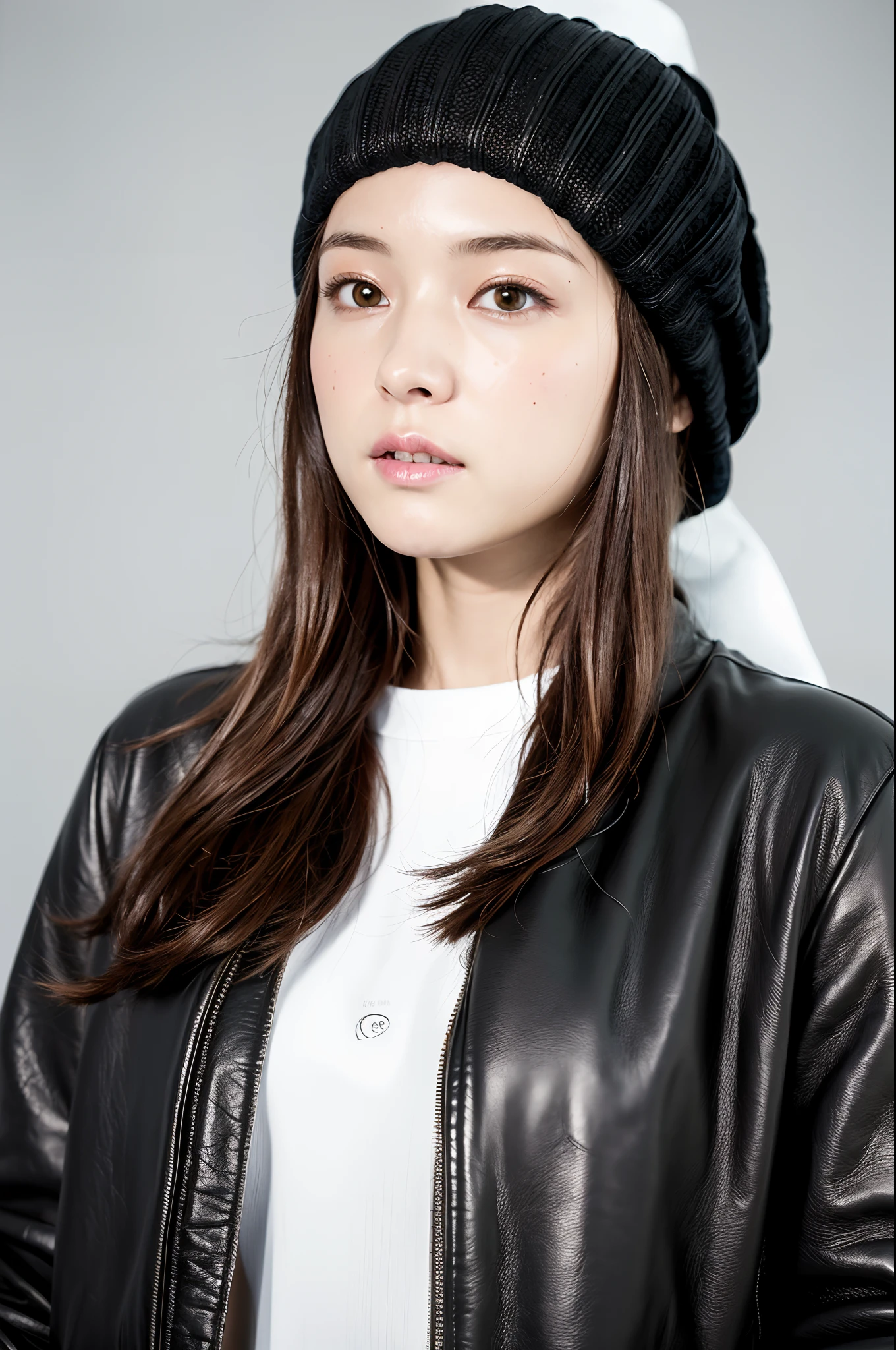 (
(8k:1.27), best quality, masterpiece, ultra highres:1.2) Photo of Pretty Japanese woman
(beautiful:1.1) (sci-fi warrior woman:1.1) space soldier, (beanie:1.61) (leather jacket:1.21) intricate elegant, fantasy, detailed, ometric by greg rutkowski and alphonse mucha, gradient lighting
