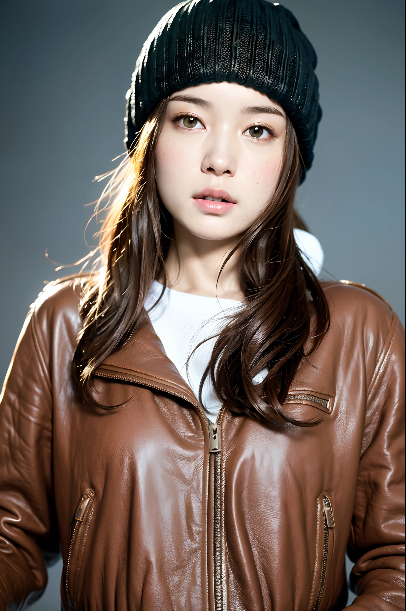 (
(8k:1.27), best quality, masterpiece, ultra highres:1.2) Photo of Pretty Japanese woman
 (beautiful:1.1) (sci-fi warrior woman:1.1) space soldier, (beanie:1.61) (leather jacket:1.21) intricate elegant, fantasy, detailed, ometric by greg rutkowski and alphonse mucha, gradient lighting