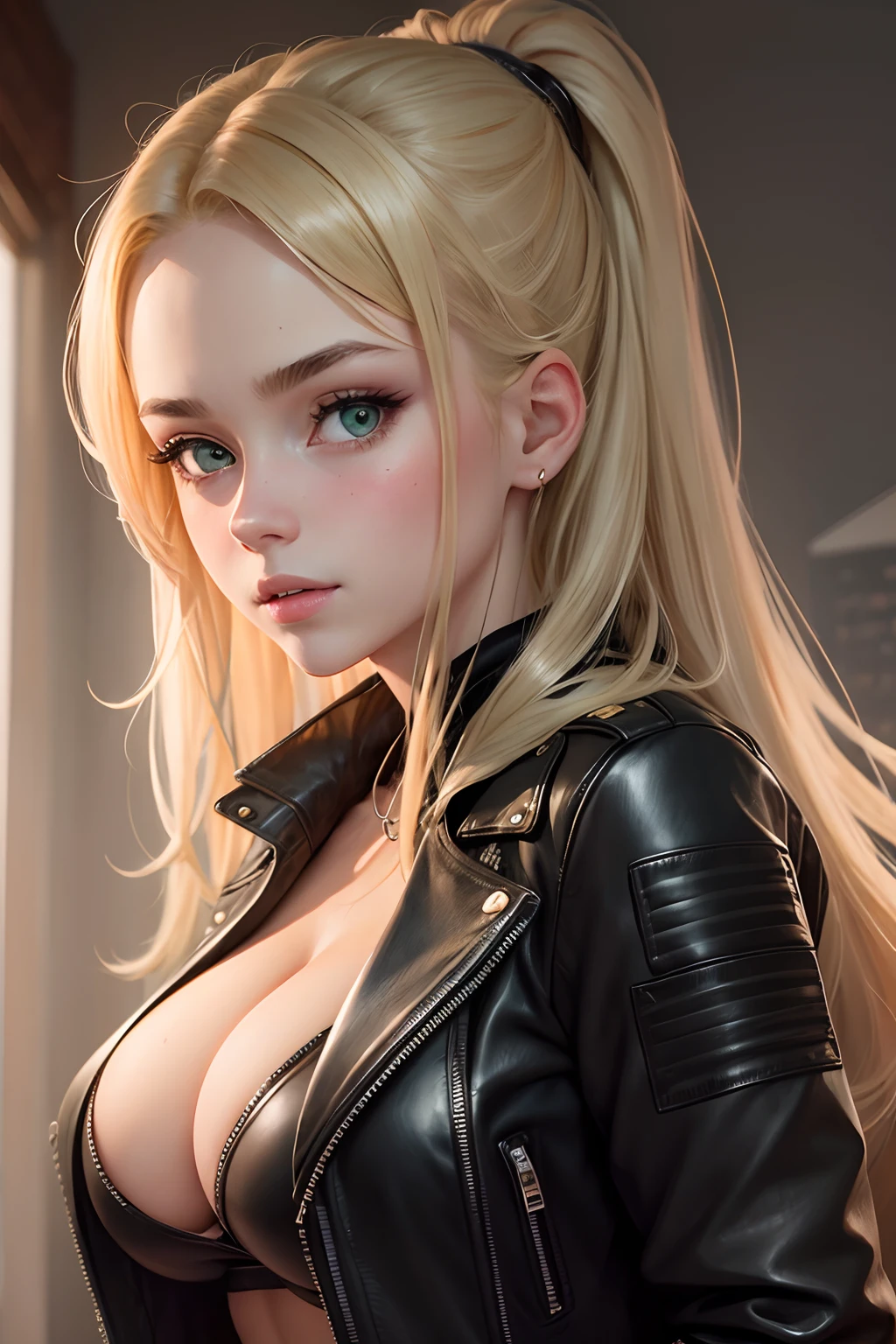 1girl, solo, face, portrait, long hair, blonde hair, green eyes, large breasts, (black leather jacket:1.2) , cleavage, school, blushing, looking at the viewer,