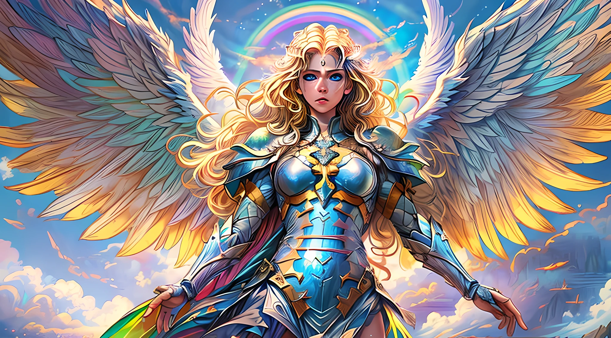 igh details, best quality, 16k, [ultra detailed], masterpiece, best quality, dynamic angle, ultra wide shot, RAW, photorealistic, fantasy art, realistic art, a picture of a (colorful rainbow: 1.5) in the heavens and an archangel flying by, fantasy art, RPG art, a full distance shot, an epic (rainbow: 1.5) between the clouds, an epic beautiful female archangel, blond hair, long hair, (wavy hair: 1.2), (blue eyes: 1.2), intense eyes (best detailed face: 1.3), (ultra feminine: 1.3) spread angelic wings angel_wings, (rainbow colored wings: 1.5) wearing heavy armor, light clouds in the background, 16k, ultra detailed, masterpiece, best quality, ultra detailed, full body, ultra wide shot, photorealistic,