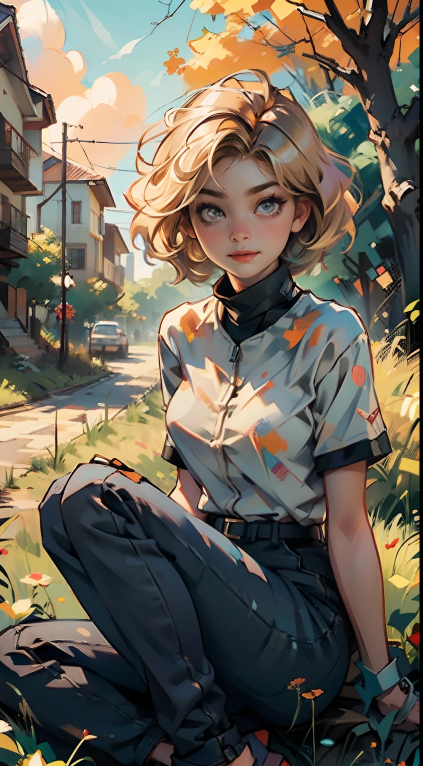 shui001, 4K, high resolution, Best quality, Masterpiece, perfect, really orangy warm colors, perfectly shaded, Perfect lighting, posted on e621, ((greg capullo style)), masterpiece, digital paint, (close up, Cute girl, 20 years old, blond short hair, big cute eyes, happy), sitting in the grass in a hide park in London. 1990s \(style\),