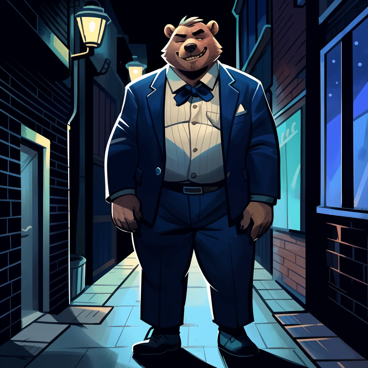 By dramamine, by glitter trap boy, by spikedmauler, by bebebebebe, solo, male, grizzly bear, fat, old, rape face, smirking, blue lighting, dark lighting, night, alleyway, suit