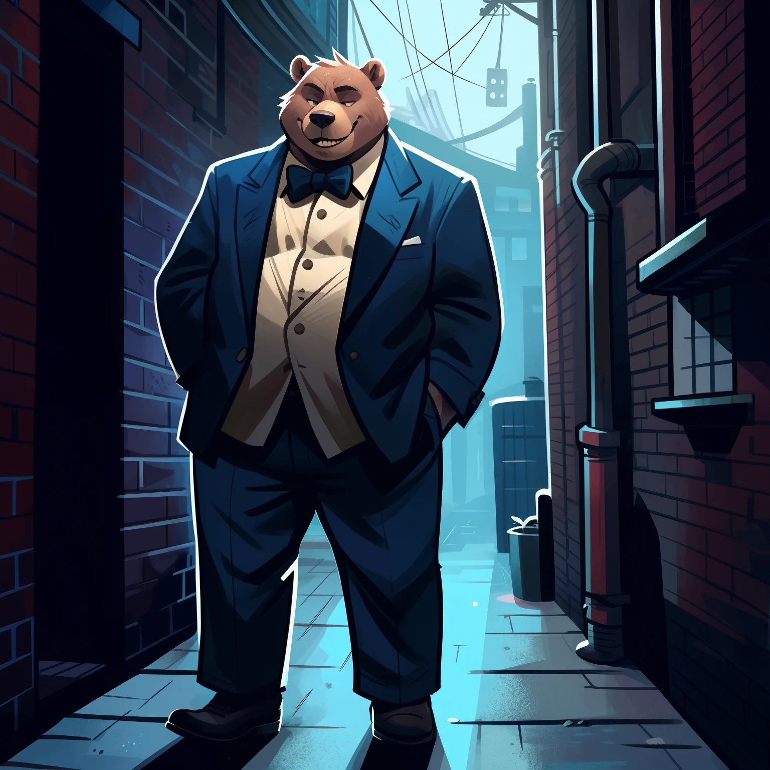 By dramamine, by glitter trap boy, by spikedmauler, by bebebebebe, solo, male, grizzly bear, fat, old, rape face, smirking, blue lighting, dark lighting, night, alleyway, suit