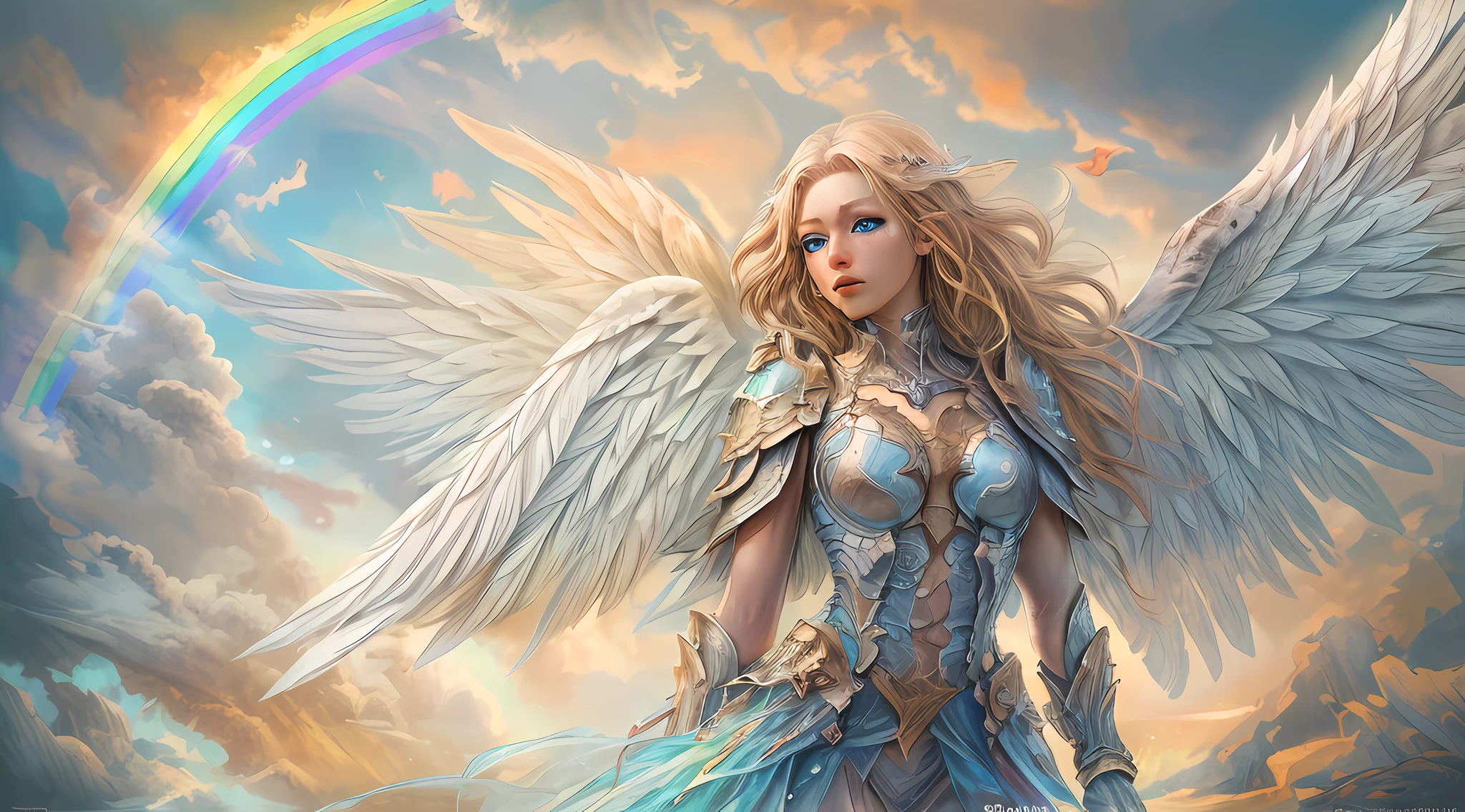 igh details, best quality, 16k, [ultra detailed], masterpiece, best quality, dynamic angle, ultra wide shot, RAW, photorealistic, fantasy art, realistic art, a picture of a (colorful rainbow: 1.5) in the heavens and an archangel flying by, fantasy art, RPG art, a full distance shot, an epic (rainbow: 1.5) between the clouds, an epic beautiful female archangel, blond hair, long hair, (wavy hair: 1.2), (blue eyes: 1.2), intense eyes (best detailed face: 1.3), (ultra feminine: 1.3) spread angelic wings angel_wings, (rainbow colored wings: 1.5) wearing heavy armor, light clouds in the background, 16k, ultra detailed, masterpiece, best quality, ultra detailed, full body, ultra wide shot, photorealistic,