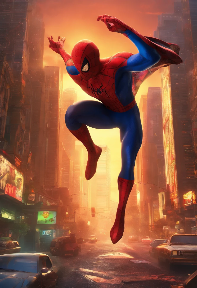 Ultra-detailed,hdr,Studio lighting,sportrait,Spider-Man,dolman,Gourd dolls,Comic book style,Dynamic action scenes,Vivid colors,Gloomy atmosphere,heroic bearing,urban skyline,Reveal superpowers,Masks and cloaks,Impressive skyline,Nighttime cityscape,Vibrant fight scenes,Powerful cyber slings,Incredible acrobatics,Powerful punch,Bat symbol,Spider symbol,Colorful costumes,Catch villains,Enhance teamwork,Overcome challenges,Iconic villain,Powerful gadgets,Extraordinary abilities,An emotional encounter,Famous comic book superhero,Legendary animated characters