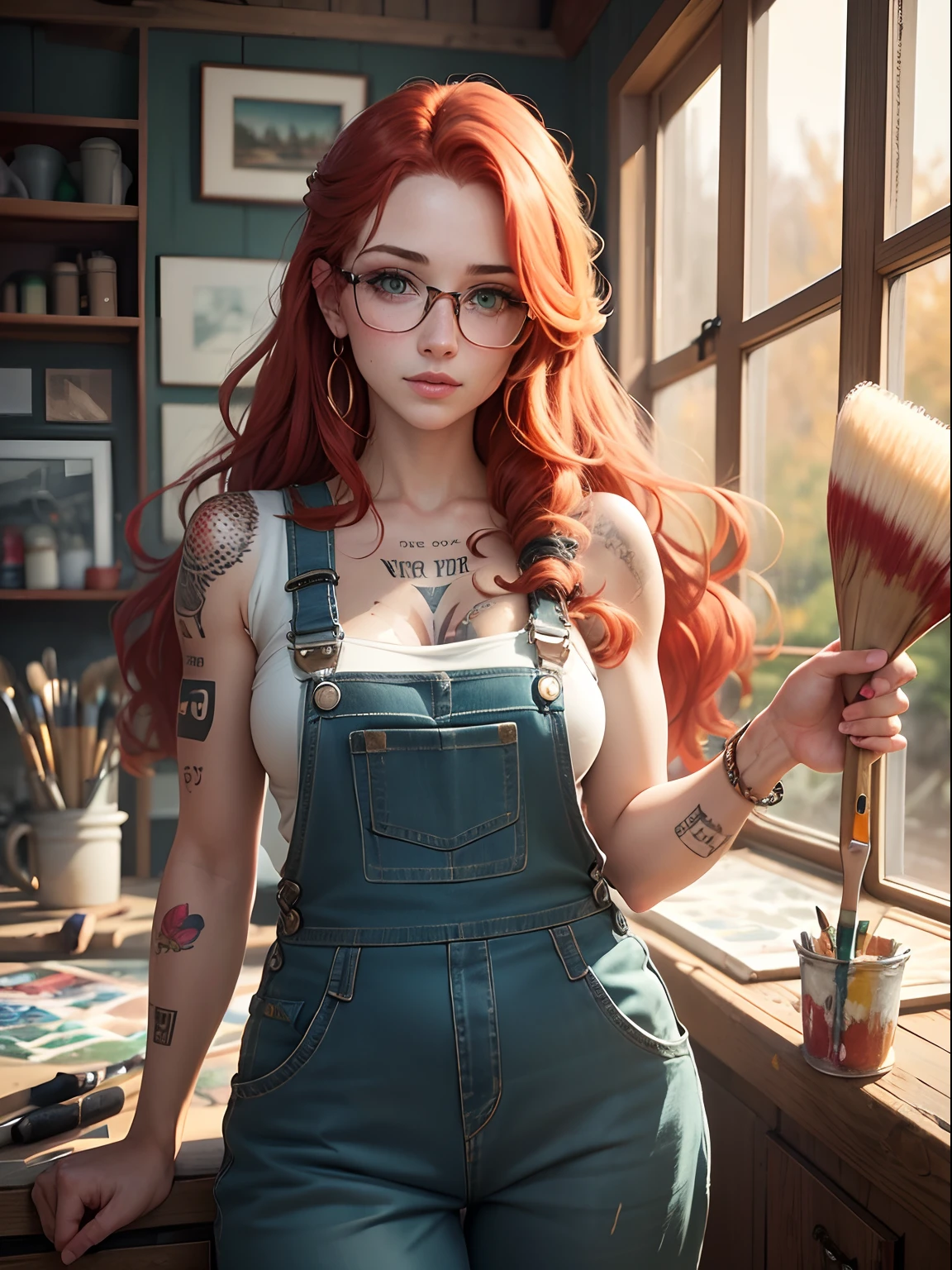 Gorgeous artsy woman in overalls beautiful long flowing thick natural red hair, holding paint brushes properly and an a palette for painting, jewelry, tattoos, indie punk aesthetic, beautiful athletic body, hips, lovely lively expressive eyes, painting in an art studio in autumn, lovely colorful lighting, Cheery atmosphere, flirty, freckles, gorgeous Irish face, incredible detail to texture, in love, green eyes, lots of color, photorealistic, masterpiece, absolute babe, 
Colorful outfit, patterns, glasses
