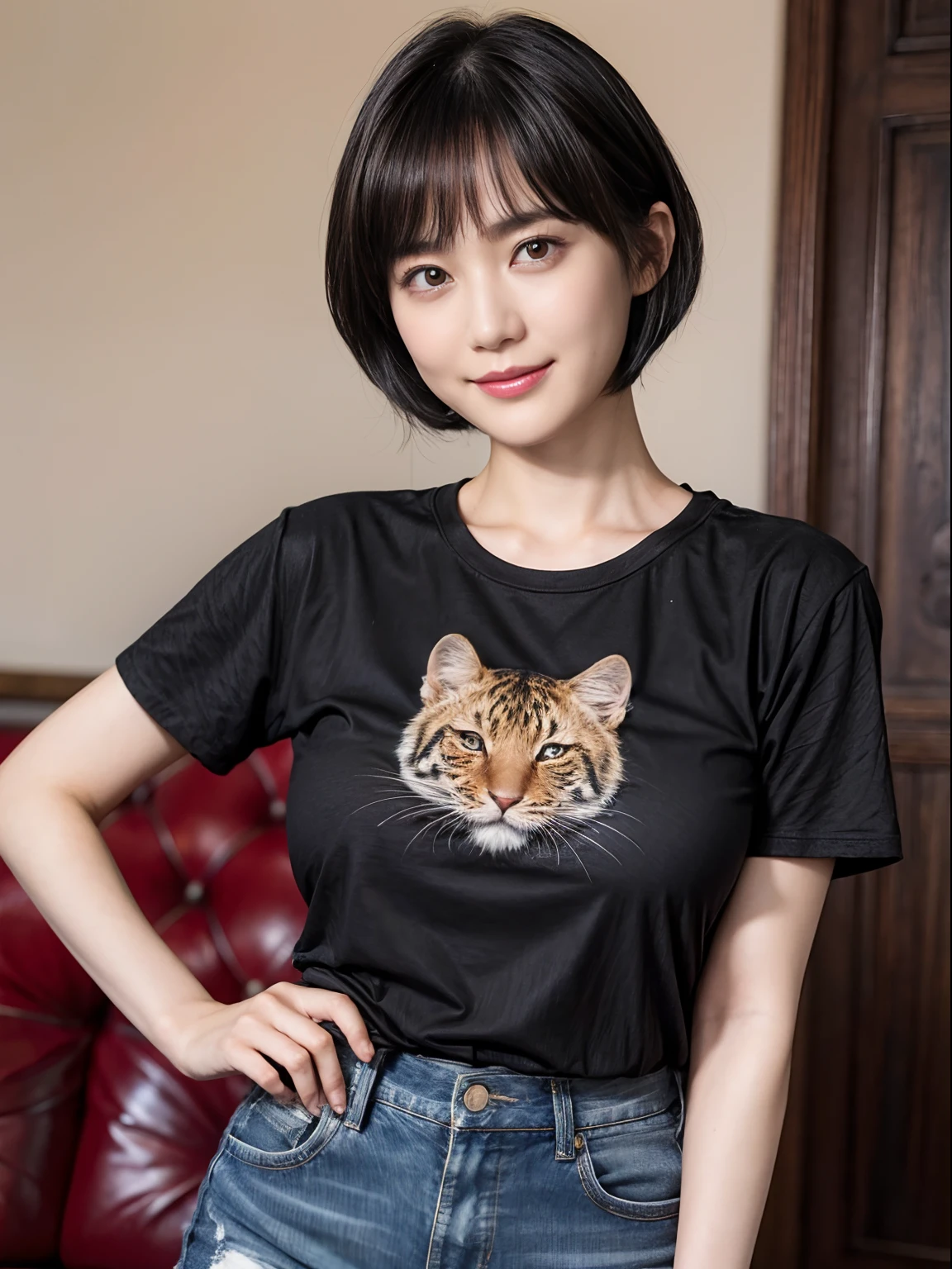 ((1womanl)),  (((Black-short-hair))), （masuter piece：1,3）、top-quality、​masterpiece、hight resolution、Original、highly detailed wallpaper、jeans、 (A slight smil)、a small face、((full breasts))、(Graphic T-shirt with animal character printed)、(light on face)、Live-action style, Beautiful facial features, Luxurious large room, cowboy  shot