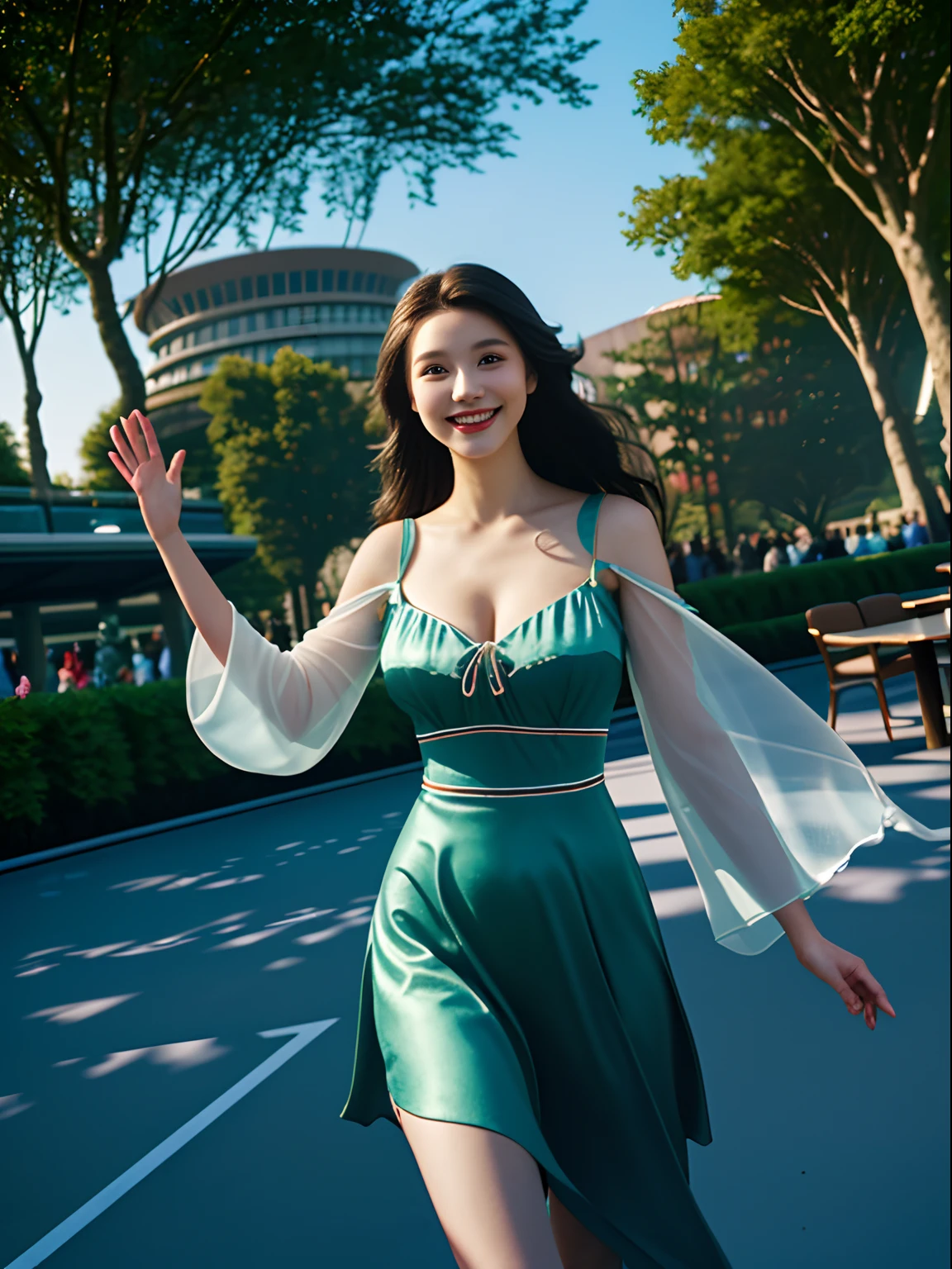 tmasterpiece, best qualtiy, hyper realisitc, Cinematic lighting effects,Sky garden scene, Very beautiful smiling young lady waving her hand,Bust photo, Light makeup,big breast,Take a photo above the knee, Anatomically correct,Medium shot, cloaks,ultra - detailed,