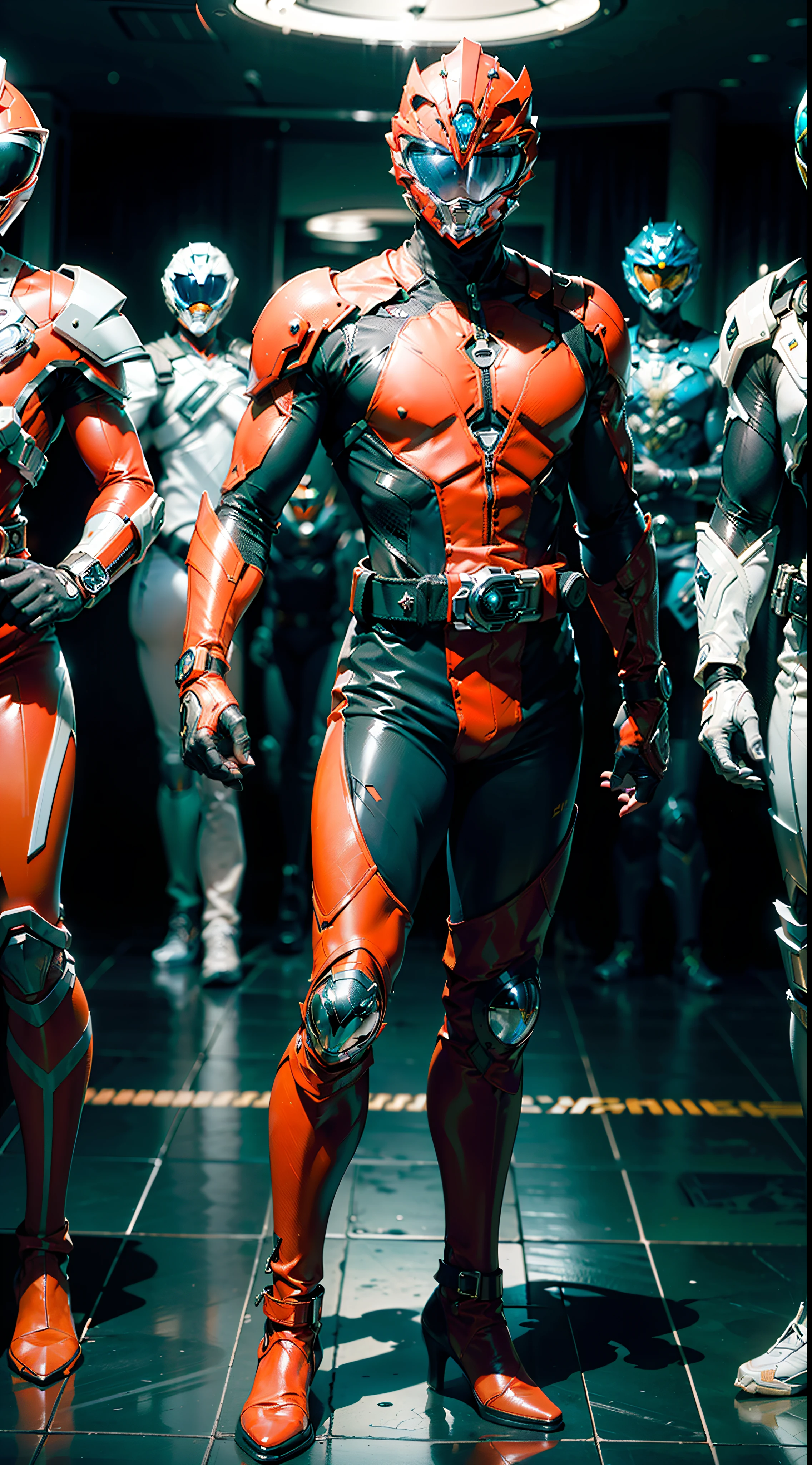 ((power ranger)), One guy、 Red costume, Solo, ((slim figure)), (Anatomically correct), Cowboy Shot, Masked face, (Complex cybersuit of red color), (Intricately designed hero suit), Suits with complex lines, Thin cybersuit with a tight body, long leather gloves up to the white elbows,,,,, Arm cover made of hard material, White Leather Boots, Wearing a full-face helmet, (White belt), (Large metal buckle), (full body suits), (Full face helmet with no exposed face), Crystal embedded in helmet, (Very shiny cybersuit), Cyber suit made of silk, A cybersuit that adheres to the body