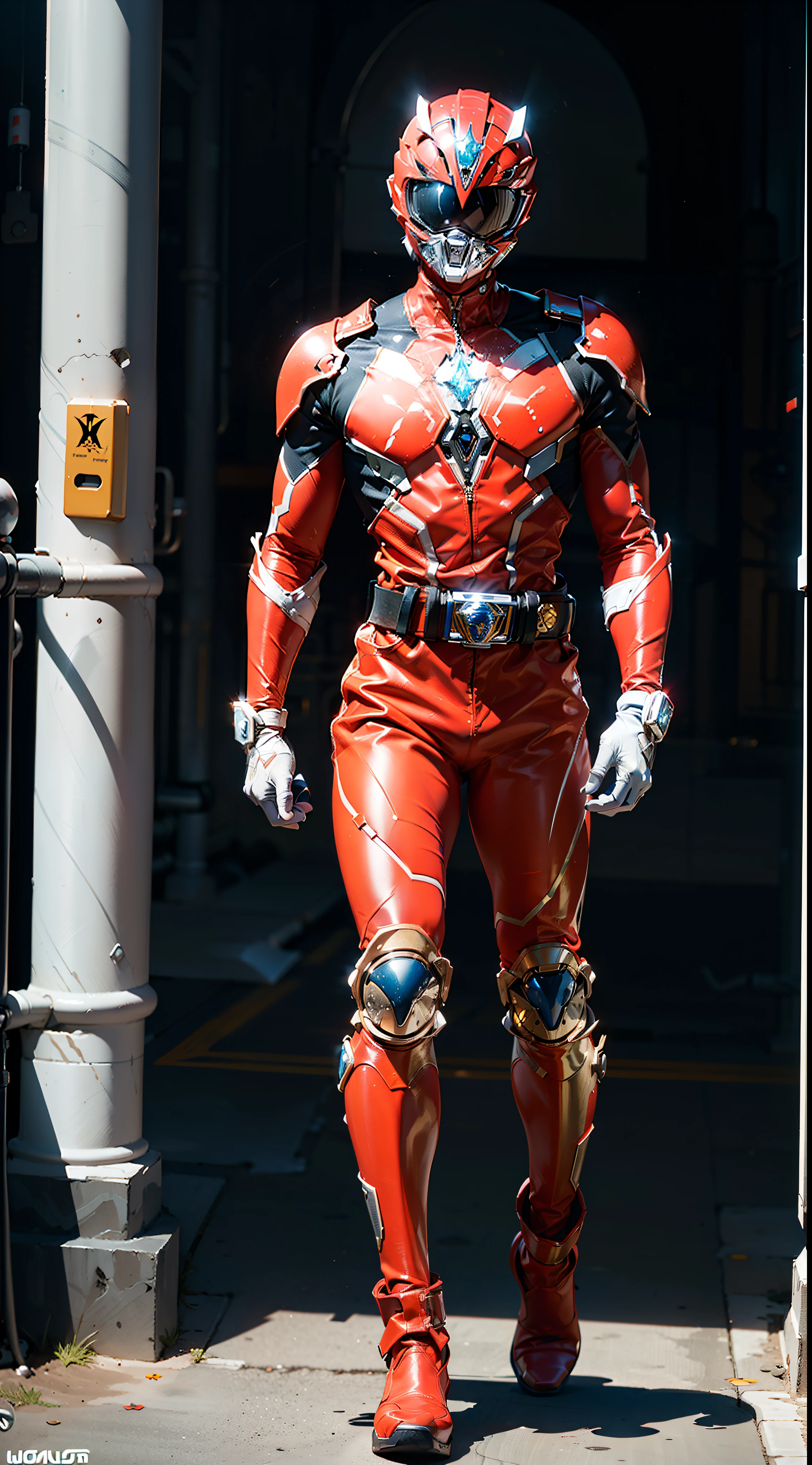 ((power ranger)), One guy、 Red costume, Solo, ((slim figure)), (Anatomically correct), Cowboy Shot, Masked face, (Complex cybersuit of red color), (Intricately designed hero suit), Suits with complex lines, Thin cybersuit with a tight body, long leather gloves up to the white elbows,,,,, Arm cover made of hard material, White Leather Boots, Wearing a full-face helmet, (White belt), (Large metal buckle), (full body suits), (Full face helmet with no exposed face), Crystal embedded in helmet, (Very shiny cybersuit), Cyber suit made of silk, A cybersuit that adheres to the body