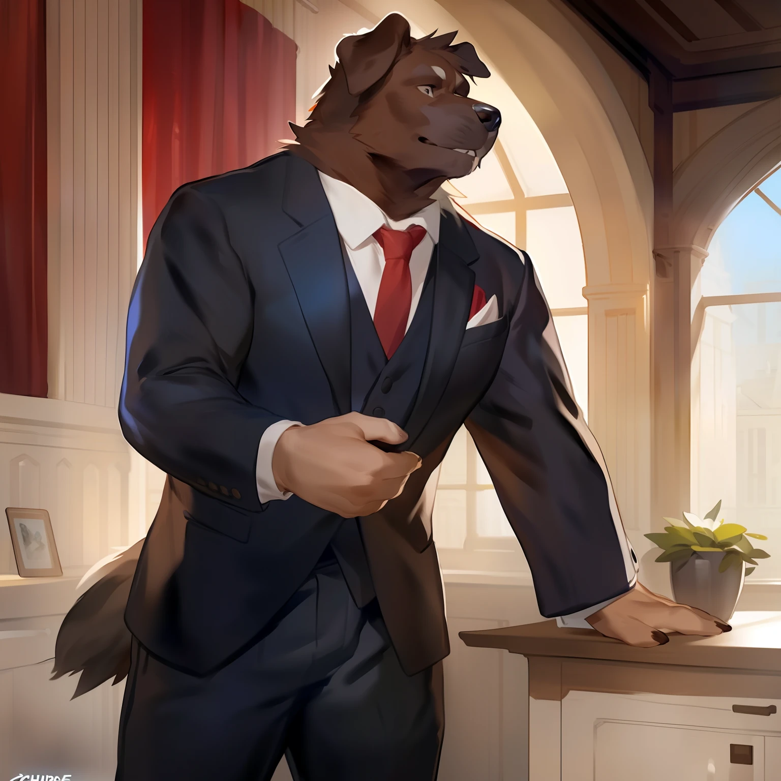 Solo, Male, canine, newfoundland, newfoundland dog, (hair, snout), Muscular, by Bebebebebe, by Spikes, By Darkgem, by Mystic Fox 61, by Chunie, standing, suit