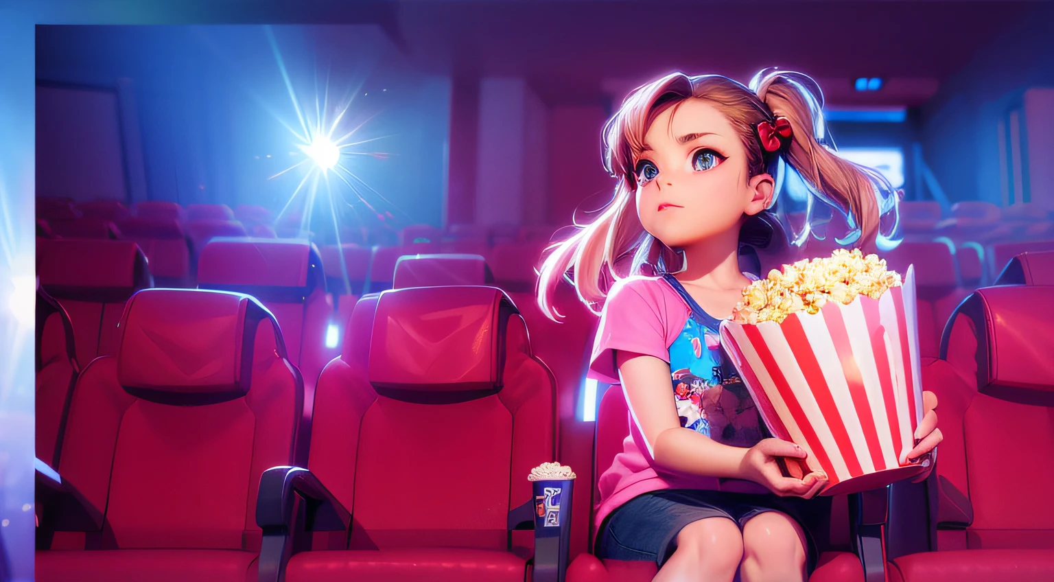 Girl sitting in a movie theater,Take popcorn, movie background, Anime style. 8K, anime styled 3d, movie promotional art, Realistic anime 3 D style, style of anime4 K, Animated Movies, cinematic ligh, Colorful movie background, A cinematic scene, Animated Movies, movie artwork, 3 d animated movie, 3D, three dimensional