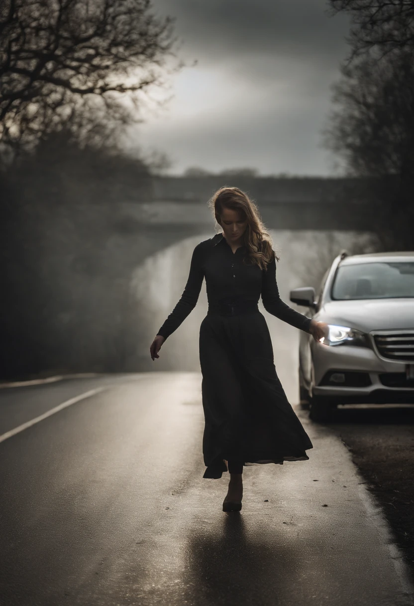 Sexy woman wears long skirt, Walking helplessly on the highway leading to unknown dangers ahead，Dark clouds，Cloudy sky, The Sony A6400 camera uses a 50mm Sigma lens to take pictures from behind,The sky is eerie and the atmosphere is dangerous，terroral，The feeling that disaster is imminent