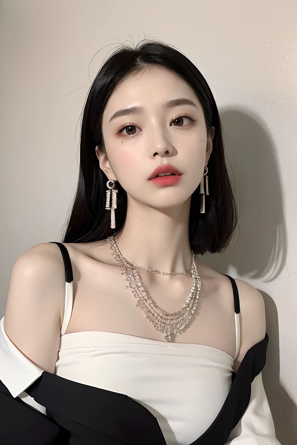 (extra detailed body、extra detailed face、best qualtiy:1.2)、femele、looking at the viewers、(Wacky fashion、Large shoulder-length piercings、a necklace、Bordeaux and black and white contrasting clothes、asymmetry)、(Ivory wall)