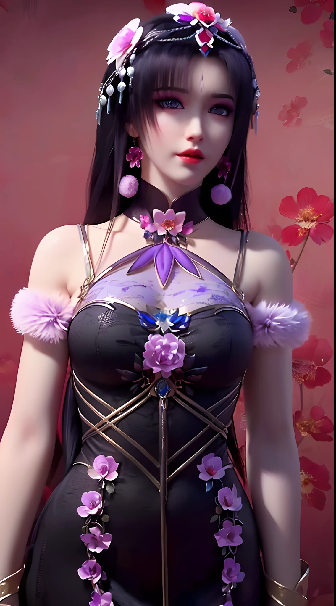 1 beautiful and sexy 20 year old girl, ((wearing a super thin purple dress:1.5)), a dress with diamonds, ((long black purple hair:1.6)), bangs, ((pastel pink hairpin:1.2)), jewelry elaborately made from precious stones and beautiful hair, ((wearing a black lace necklace:1.4))), the noble, noble style of an extremely beautiful girl, her small face is super cute, her face is very pretty, thin eyebrows, flawless beautiful face, ((black eye pupils: 0.8)), very beautiful eyes, ((purple eyes: 1.5)), nice makeup and hair detailed eyelashes, steamy eye makeup, high nose, earrings, red lips, ((closed mouth: 1;5 )) beautiful lips, slim hands, most beautiful thighs, ((arms spread out to the sides: 1.5) ), rosy face, clean face, flawless beautiful face, smooth white skin, (big breasts: 1.5)), ((high breasts: 1.6) ), tight breasts, beautiful cleavage, (((big breasts and super round: 1.8))), ((super tight breasts: 1.7)) , beautiful breasts, back arms, chest out, thin black mesh stockings with black lace trim, 8k photo, super high quality, super realistic, super 10x pixels, optical, bright studio, bright edges, dual-tone lighting, (high-detail skin:1.2), super 8k, soft lighting, high quality, volumetric lighting, photorealistic, photorealistic high resolution, lighting, best photo, 4k, 8k quality, blur effect, smooth sharp, 10 x pixel, bright harmonious colors, ((red flower background:1.7)), aurora, lightning, super graphics realistic, most realistic graphics, alone, solo, Extremely sharp image, surreal, (((frontal portrait: 1.2)))."