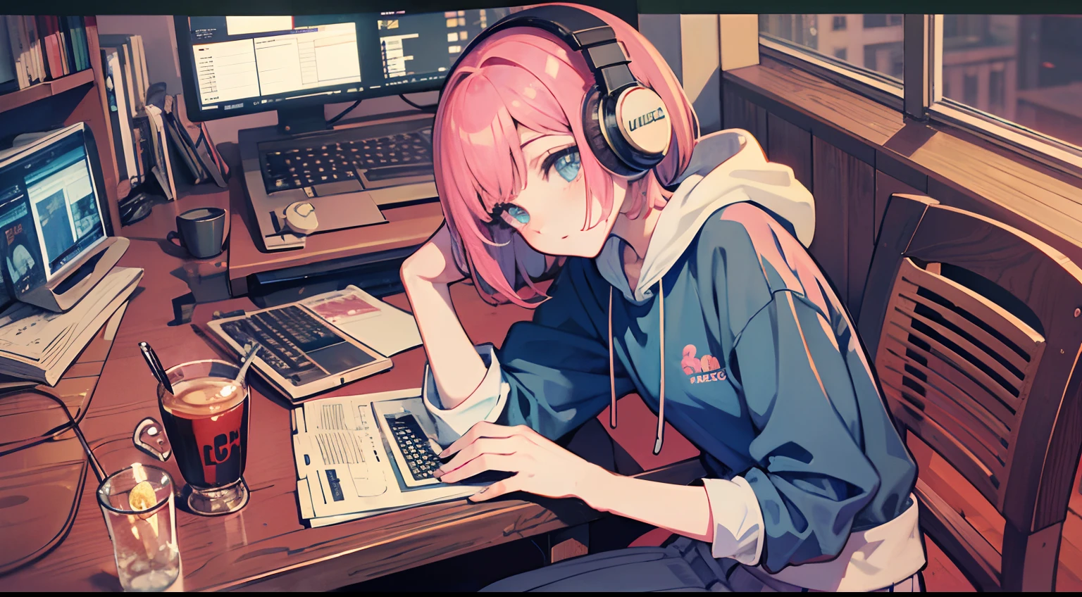 Anime girl sitting at table with laptop and headphones, Image inspired by Satoshi Imado, region: Rio De Janeiro, Tumbler, Art Nouveau, lofi-girl, lofi artstyle, lofi girl aesthetic, lofi art, lofi hip hop, lofi color, lofi feel, lofi, lofi vibes, lofi aesthetic, Lofivibe, lofi portrait,​masterpiece,Detailed details,Pink hair,Short Bob