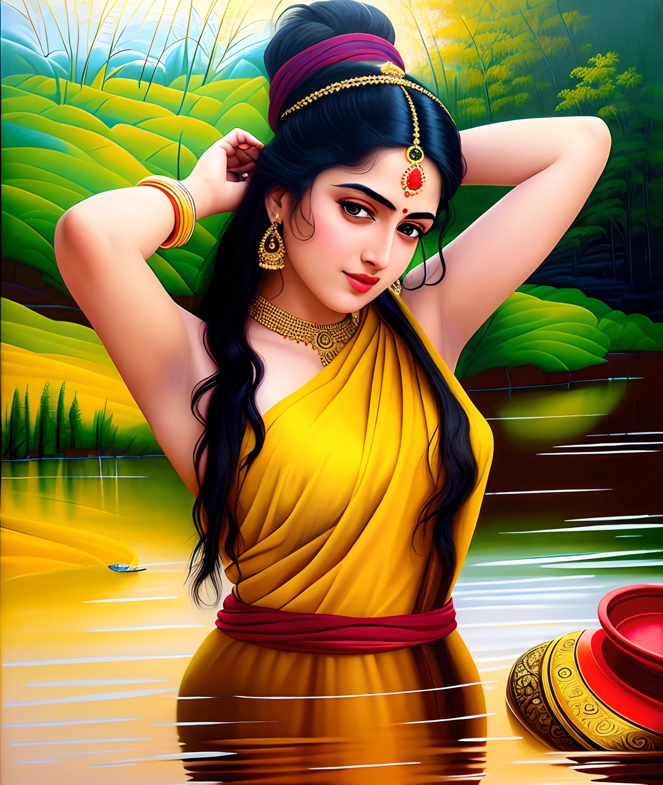 Masterpiece,8k uhd, hdr, realistic, hyper realistic, intricate, vibrant colour, painting of a woman in a yellow sari sitting on a chair, traditional beauty, inspired by Raja Ravi Varma, indian art, by Raja Ravi Varma, painting of beautiful, inspired by T. K. Padmini, painting of a woman, by Sardar Sobha Singh, gorgeous woman, oil on canvas painting, traditional painting, oil-painting