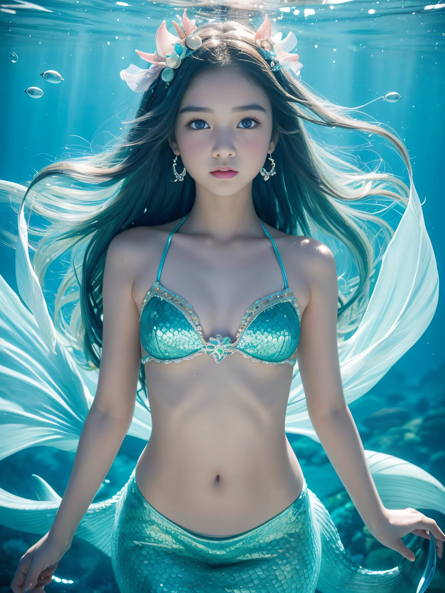 8K、Girl dressed as a mermaid Underwater - Sea、mermaid、13-year-old beautiful girl、Slightly baby-faced