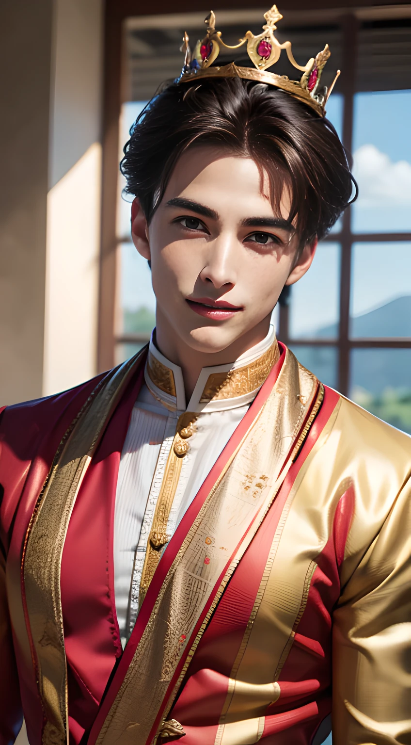 (((Men only))), ((head shot)), (face only), ((Pietro Boselli)),  ((wearing an pink Indonesian traditional costume)), ((wearing a crown on his head)), (Indonesian traditional costume reflects the diverse cultures of the nation, featuring vibrant fabrics, intricate patterns, and often includes a kebaya (blouse) for women and a batik shirt for men, with accessories such as sarongs and headpieces, creating a rich tapestry of heritage attire), ((Handsome muscle man in his 20s)), (Big smile), (detaile: 1 in 1), Natural muscles, HIG quality, beautidful eyes, (Detailed face and eyes), (Face、: 1 / 2), Noise, Real Photographics、... ......................................................................................................................PSD, Sharp Focus, High resolution 8K, realisitic & Professional Photography, 8K UHD, Soft lighting, High quality, Film grain, FujifilmXT3