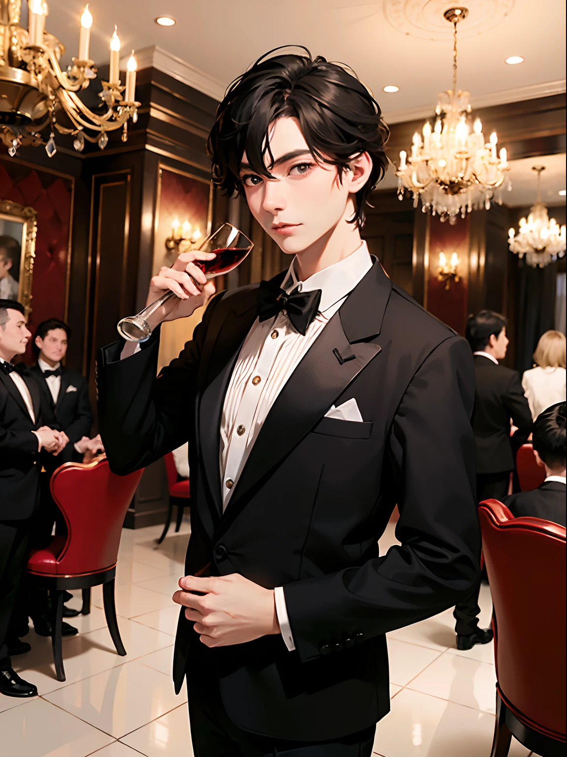 1boy,11 only、(Man's :2),(bobhair:1.5)、A dark-haired、Bright tuxedo、Have a glass of wine、Inside a luxurious old Western-style building、Luxurious chandeliers、Natural lighting、hightquality、masutepiece,8K,hight resolution、