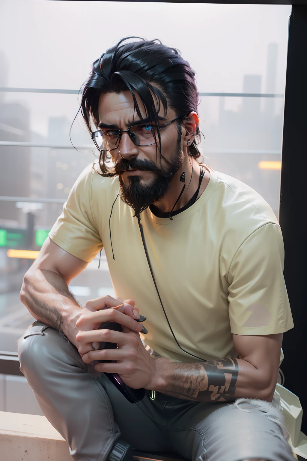 cyberpunk environment with neon in background and wearing black leather jacket and black glass having medium beard and mustache, long hairs.