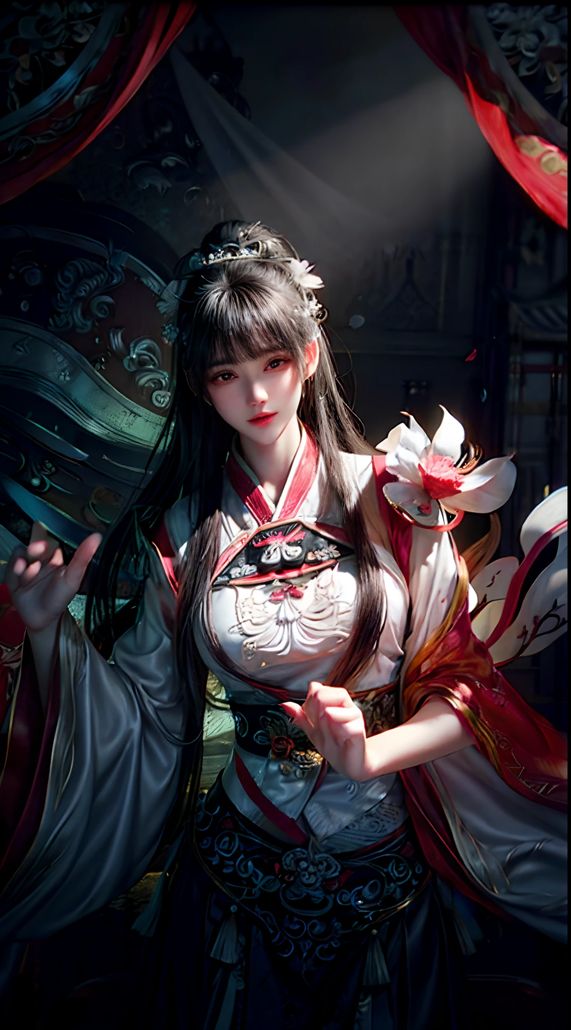 (Best quality,4K,A high resolution,Masterpiece:1.2),Ultra-detailed,Realistic, Black and white Hanfu,Black embroidery, Flowing white ponytail, Long flowing hair, White mask, The mask flutters in the wind, Fringed Hair Ornament, Peony flower, Ancient style, Wide sleeves, Dynamic pose, Dramatic composition, falling flower petals, red waistband, the complex background, Ancient architecture, Misty clouds, Fairy tale background, Swirling clouds, Cinematic lighting.