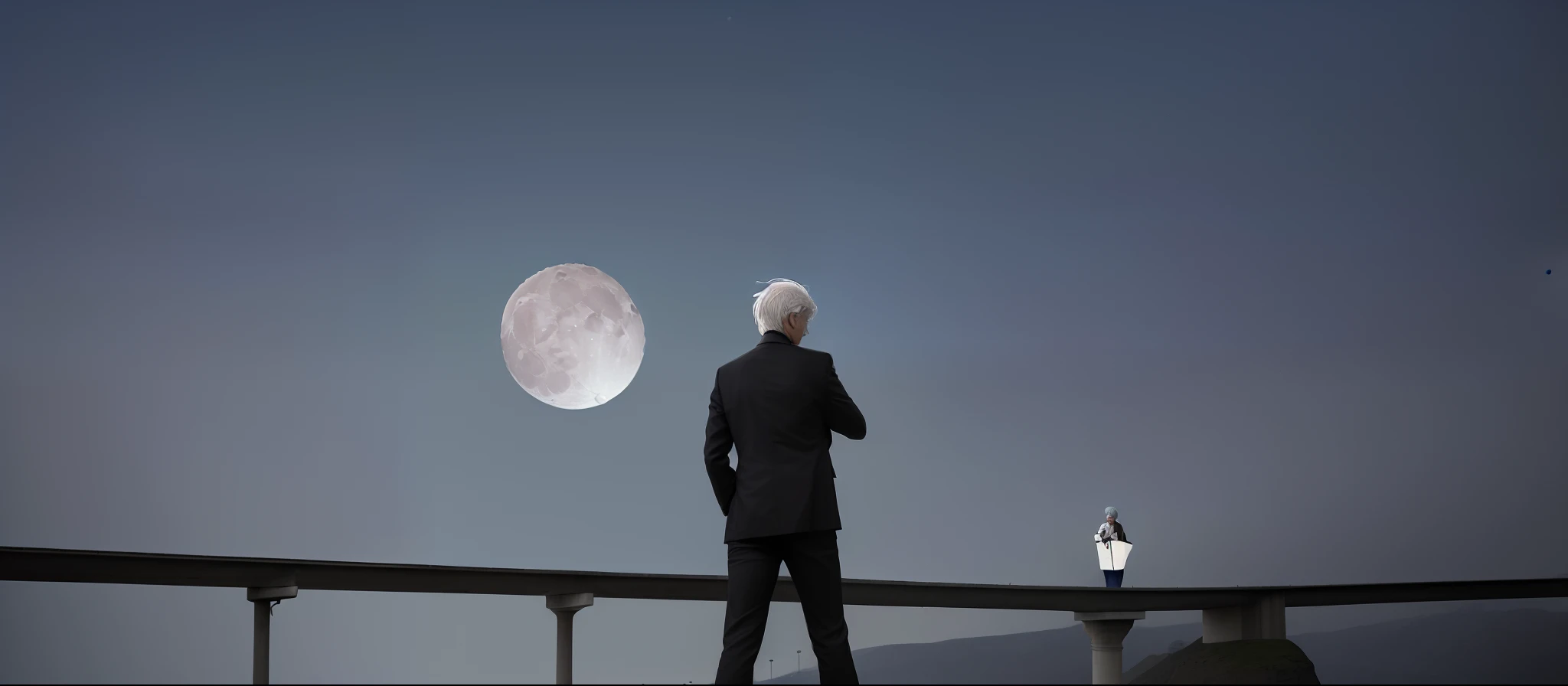 Best Quality, Masterpiece, High Resolution, 1 man, white hair,standing on a bridge looking at the moon, moon behind him, in front of a big moon,