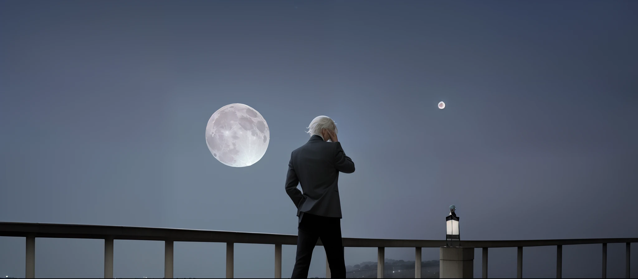 Best Quality, Masterpiece, High Resolution, 1 man, white hair,standing on a bridge looking at the moon, moon behind him, in front of a big moon,