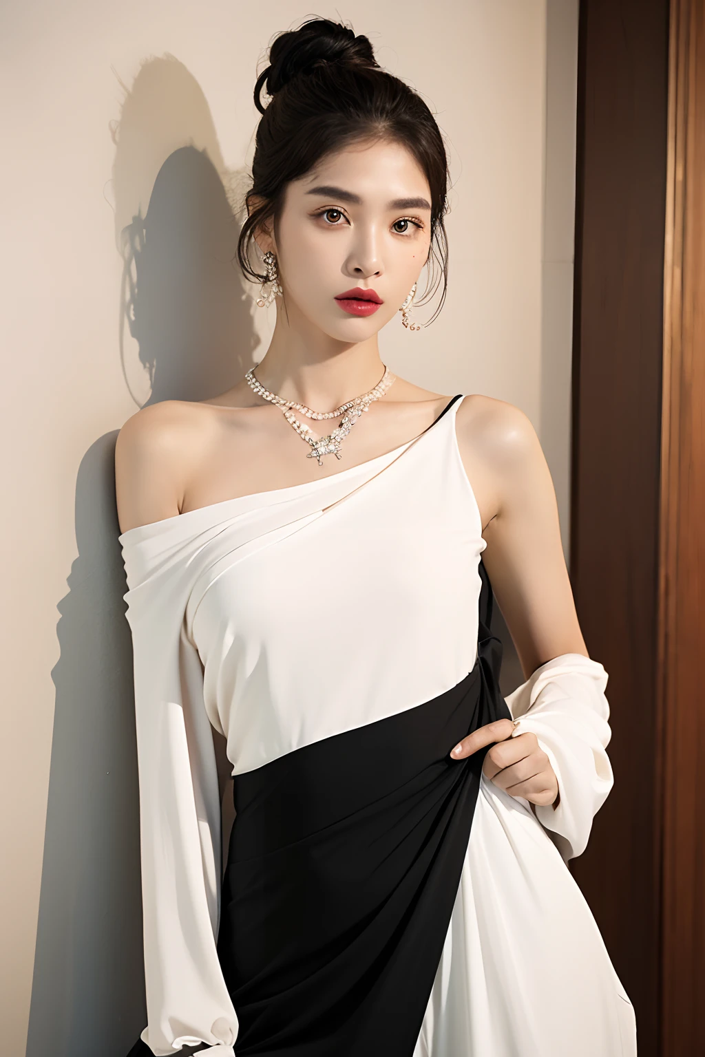 (extra detailed body、extra detailed face、best qualtiy:1.2)、femele、looking at the viewers、(Wacky fashion、Large shoulder-length piercings、a necklace、Bordeaux and black and white contrasting clothes、asymmetry)、(Ivory wall)