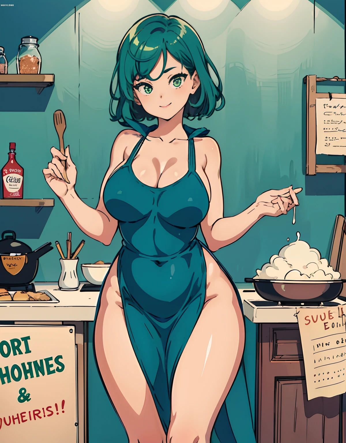 (Best Quality, Masterpiece),sexy mommy, Front cover of a women's cooking magazine, , naked, erotic, 18+, nsfw, 1girl, 30 years old, stunning, cute, heartwarming smile, hourglass figure, super mini bikini, pinny apron, beautiful food, text, diagrams, advertisements, magazine title, short green hair, green eyes