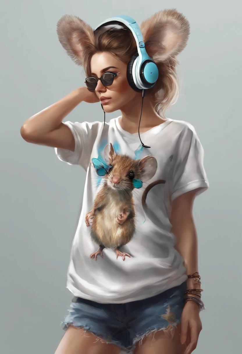 Perfect centering, Cute mouse, Wear a student team jacket, Wearing sunglasses, Wearing headphones, cheerfulness, Standing position, Abstract beauty, Centered, Looking at the camera, Facing the camera, nearing perfection, Dynamic, Highly detailed, smooth, Sharp focus, 8K, high definition resolution, illustration, Art by Carne Griffiths and Wadim Kashin, White background