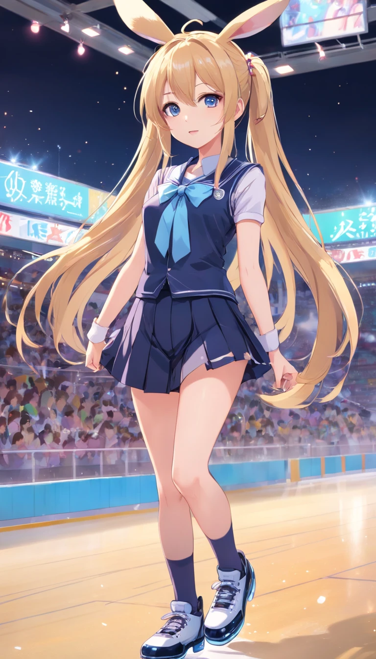 hight resolution, top-quality, illustratio, ultra-detailliert, (详细的脸), (detailedeyes),masutepiece、Solo、((Skating Ring))、((Triple Axel))、((jumpping))、Figure skating、、Ice rink、dance、Happy face、((Magic cane))、(Little rabbit at feet)、((Japan schoolgirl))、(Sleeveless)、Glossy school uniform、sexy  pose、no-bra、tits out、shiny long hair、Shameful、ice skating、a blond、long、double ponytails、Black pants、Standing with one leg raised high、Self-filling face、Rabbit ears、Red ribbons、Idol、Twinkle,(Anime, tone mapped:1.2),Light blue eyes, ((In uniform))、Sleeveless、 closes mouth, hoop earrings, Jewelry, Looking at Viewer, Upper body, (symmetric), (exceptional, Best aesthetic, new, newest, Extremely detailed:1.2), genitals show through、