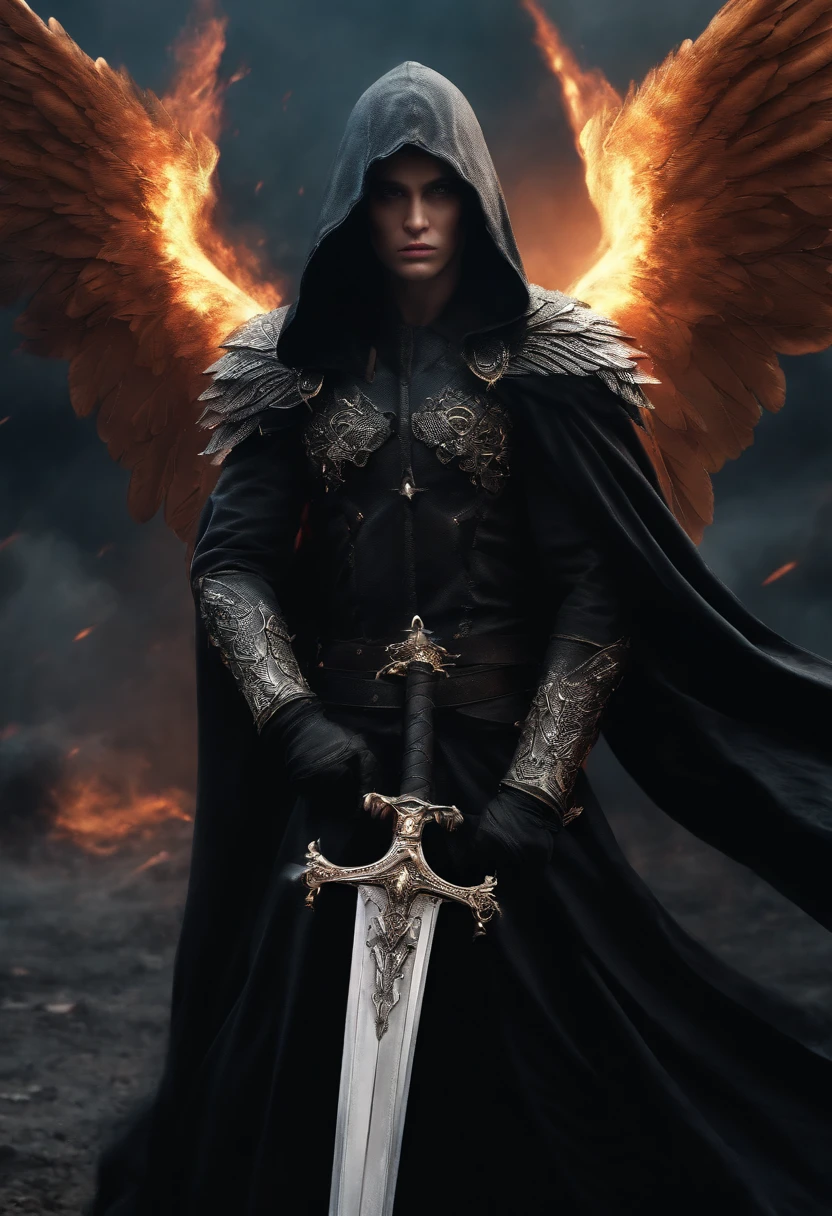 Realistic, 4K, Angels with big wings, Black clothes, one sword, Head hood in war background image (chaos)