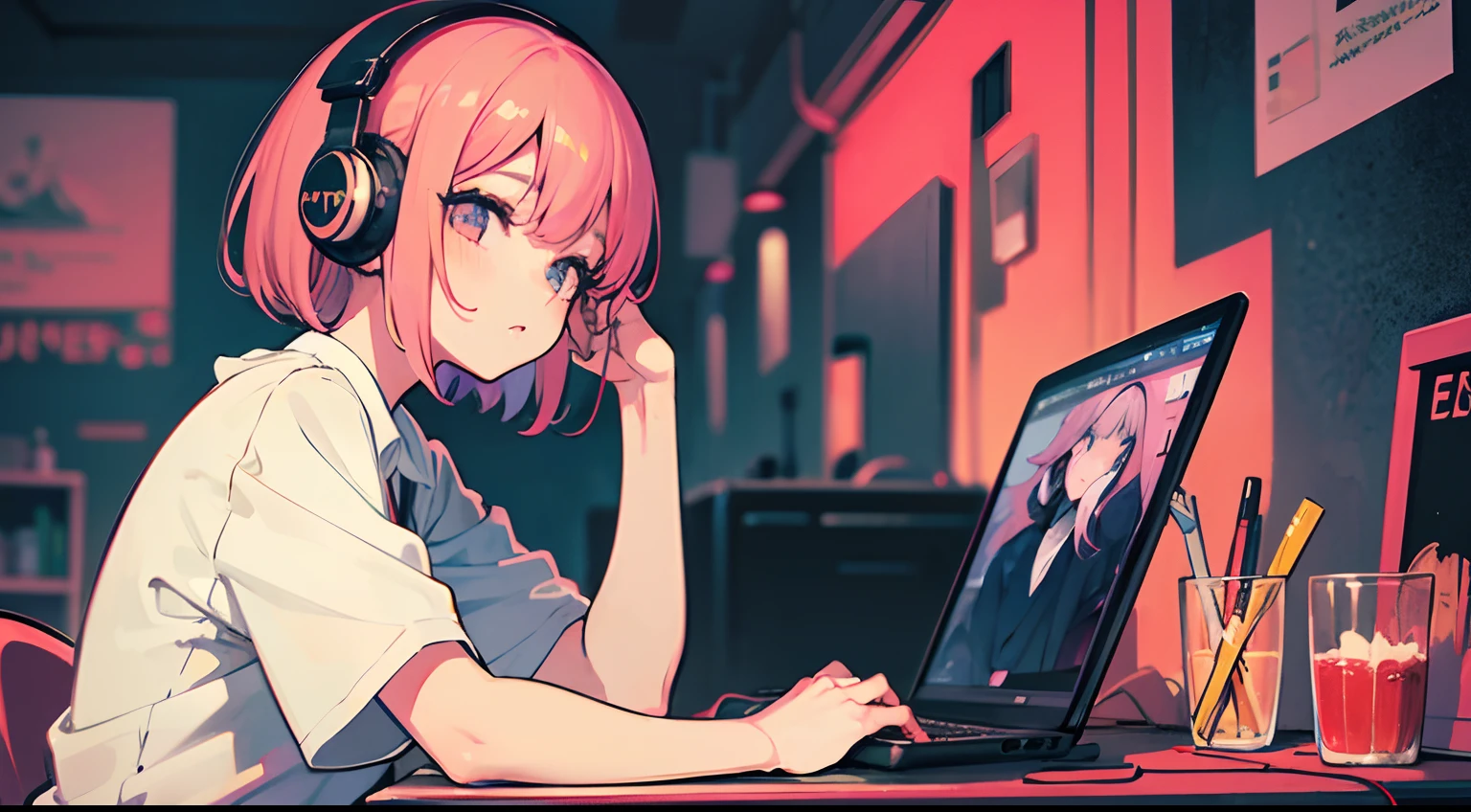 Anime girl sitting at table with laptop and headphones, Image inspired by Satoshi Imado, region: Rio De Janeiro, Tumbler, Art Nouveau, lofi-girl, lofi artstyle, lofi girl aesthetic, lofi art, lofi hip hop, lofi color, lofi feel, lofi, lofi vibes, lofi aesthetic, Lofivibe, lofi portrait,​masterpiece,Detailed details,Pink hair,a short bob