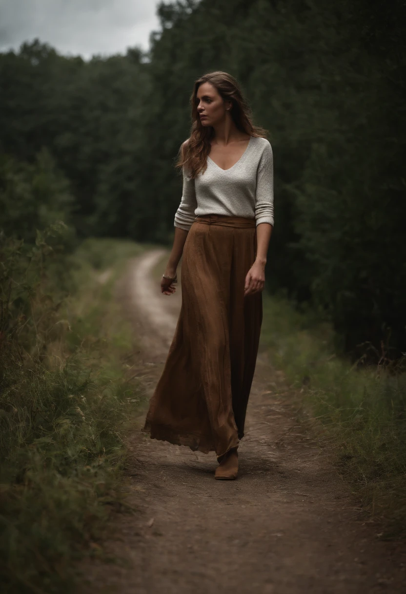 Sexy woman wears long skirt, Walking helplessly on the highway,Leads to unknown dangers ahead,Dark clouds,Cloudy sky, The Sony A6400 camera uses a 50mm Sigma lens to take pictures from behind,The sky is eerie,The atmosphere is dangerous,terroral,The feeling that disaster is imminent,Inspired by albums(The Walking Dead)