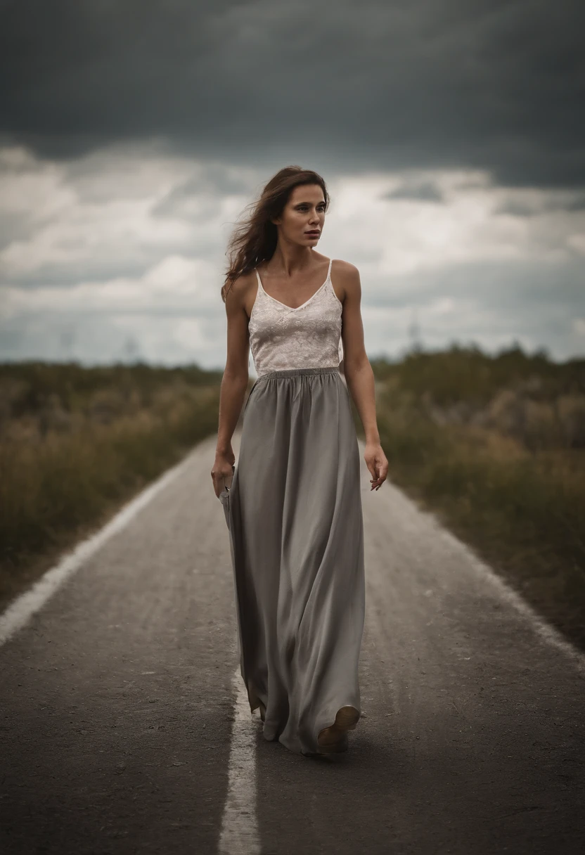 Sexy woman wears long skirt, Walking helplessly on the highway，Leads to unknown dangers ahead，Dark clouds，Cloudy sky, The Sony A6400 camera uses a 50mm Sigma lens to take pictures from behind,The sky is eerie，The atmosphere is dangerous，terroral，The feeling that disaster is imminent，Inspired by albums（The Walking Dead）