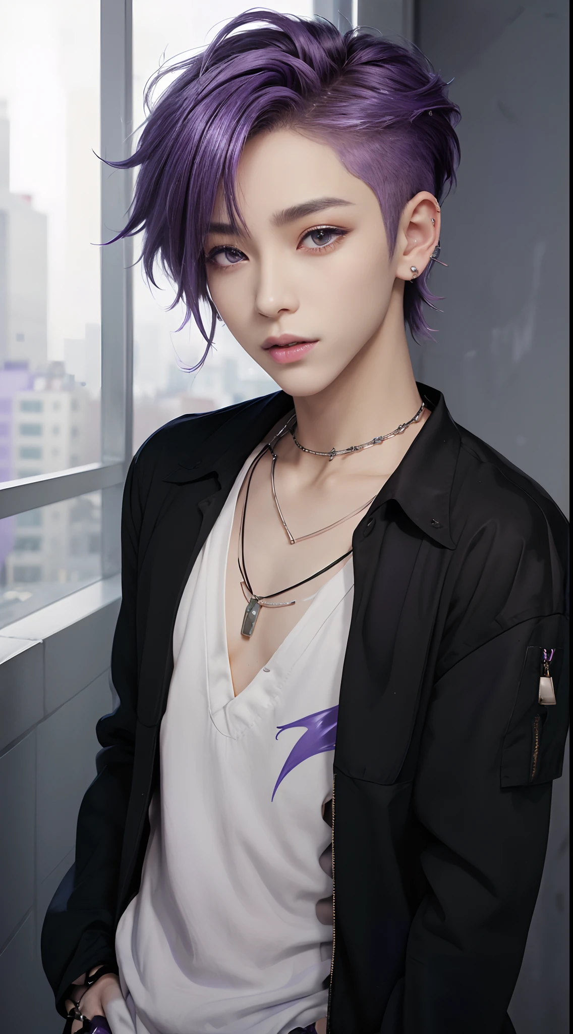 masterpiece, top-quality, 1male people, Adults, ((Black and white fashion plain clothes)), Happiness, tenderness, high-level image quality、nightfall, k pop, Professional Photos, Vampires, Fedoman with necklace, inspired by Sim Sa-jeong, androgynous vampire, :9 detailed face: 8, extra detailed face, detailed punk hair, ((eyes are brown)) baggy eyes, Seductive. Highly detailed, semi realistic anime, Vampires, hyperrealistic teen, delicate androgynous prince, imvu, short hair above the ears, Man with short hair, ((Purple haired man with wild expression)), ((Man with short hair in bright purple)), ((Only one man))