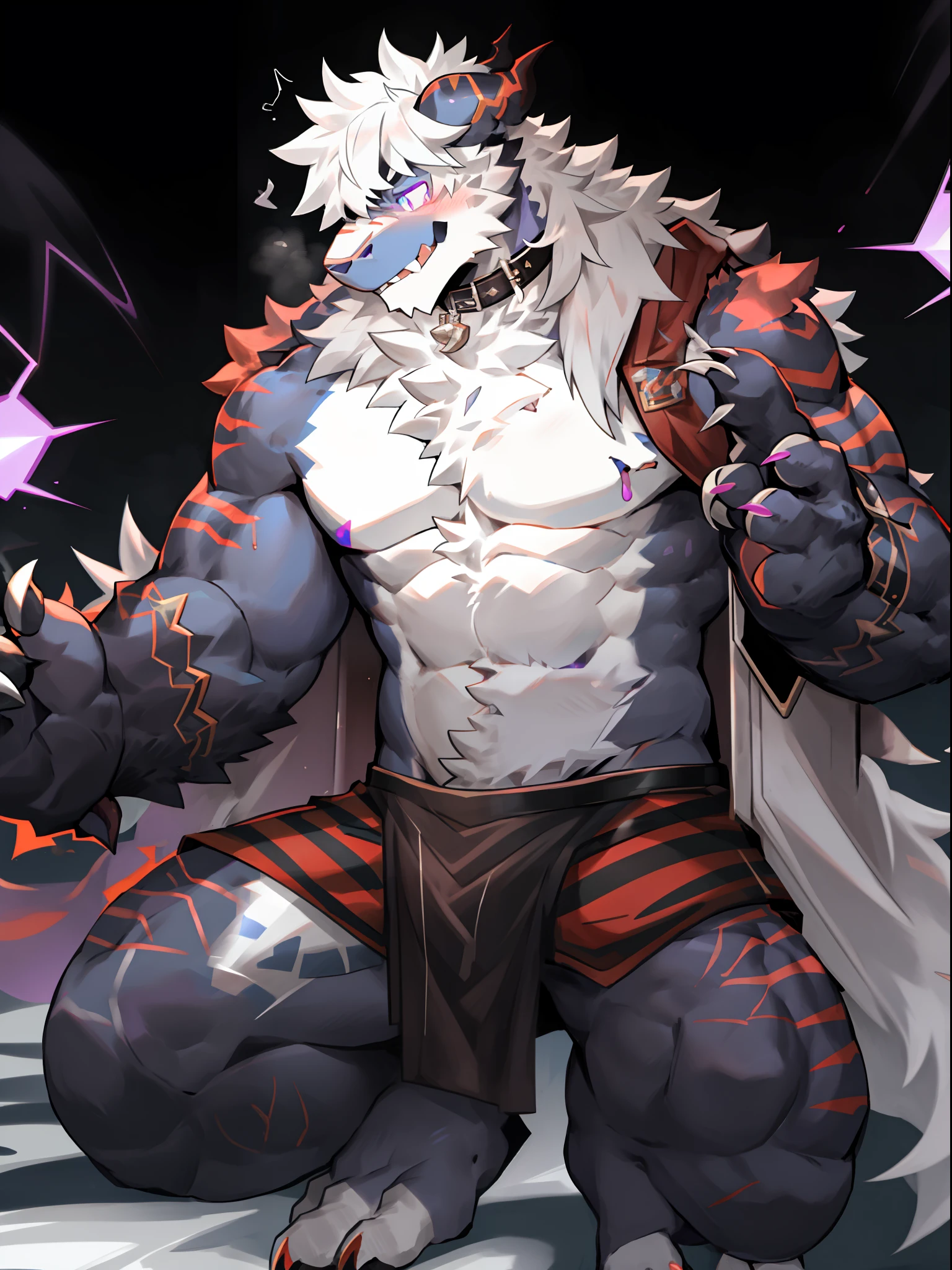 One guy，独奏，Full body like，shaggy male，hairy bodies，Correct anatomy，Detailed double eyes，glowing light eyes，Wearing a naked，Black loincloth，Muscular，long  white hair，drak，shoun（thin tall body type），male people，There are small horns on the head，black-skinned，，red striped，Purple eye，Evil God，glowing light eyes，Sharp claws，Cute meat pad，Collar，adolable，Handsome，Evil charm，haughty，Large dragon tail，full bodyesbian，White laboratory，Brainwashing，tongue kissing，Viscous liquid outflows，The underparts spill white liquid