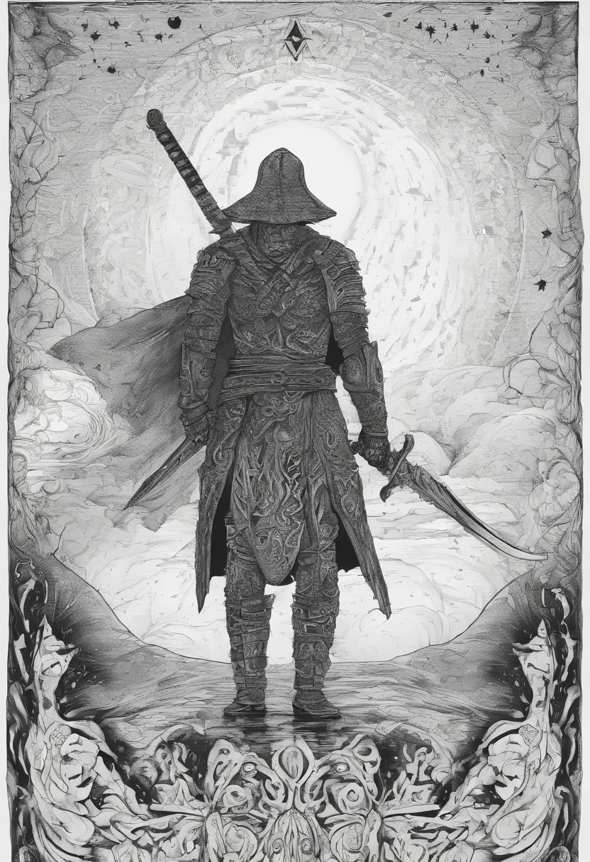 The swordsman holds the sword, Starry skies and mist shroud the landscape.