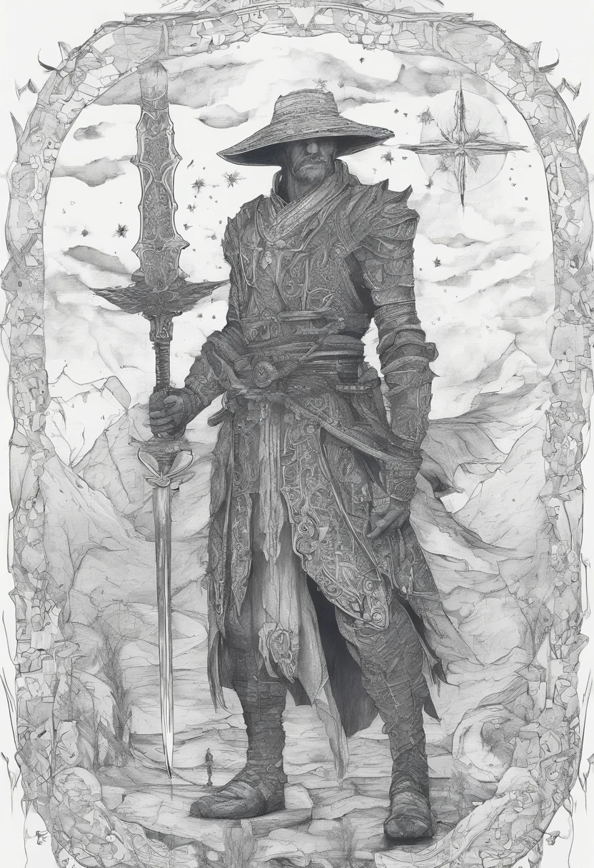 The swordsman holds the sword, Starry skies and mist shroud the landscape.