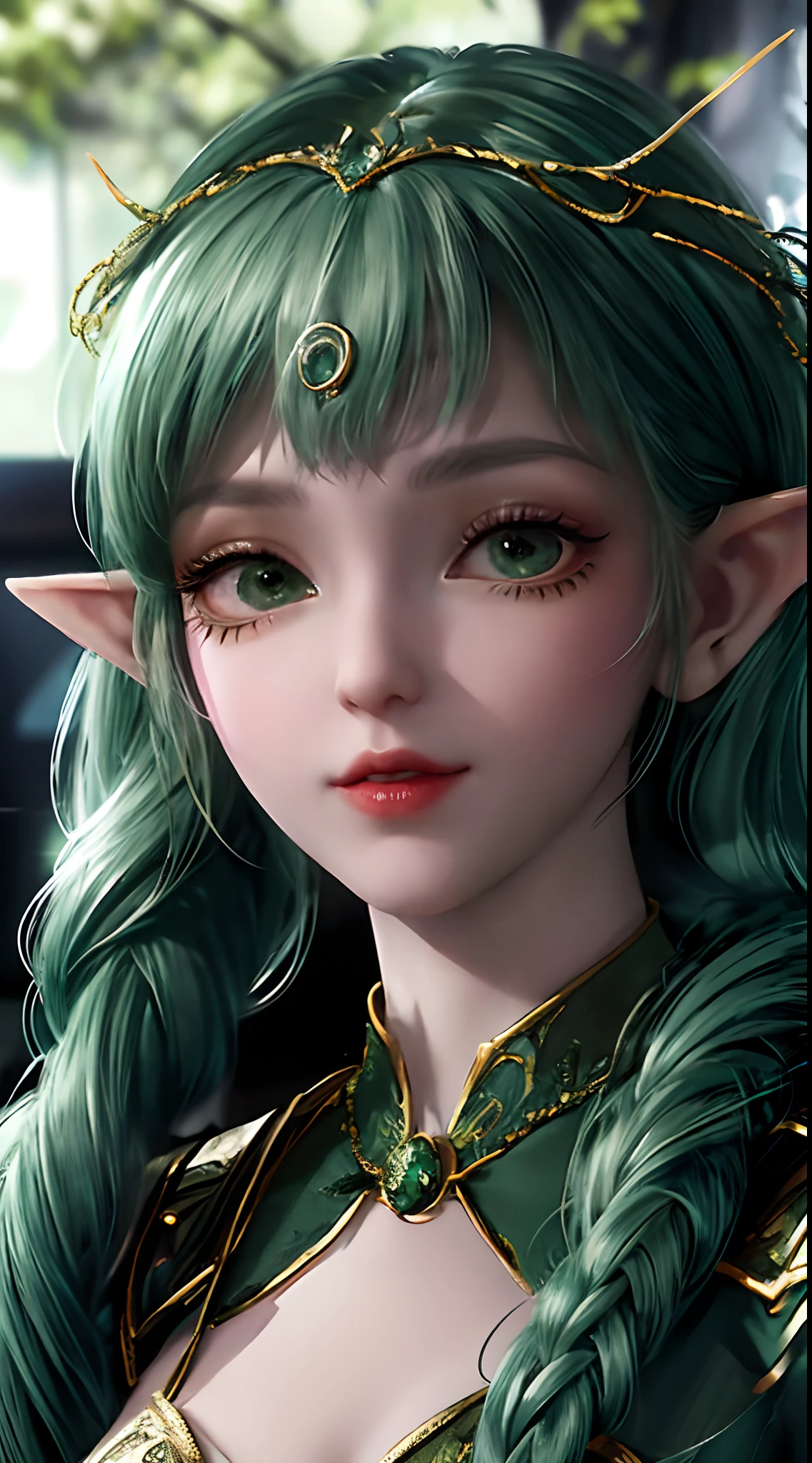 a close up of a person with green hair and a dress, portrait knights of zodiac girl, beautiful elf with ornate robes, alluring elf princess knight, elf princess, elven character with smirk, very beautiful elven top model, hyperdetailed fantasy character, portrait of an elf queen, elf princess knight, maya ali as a wind mage