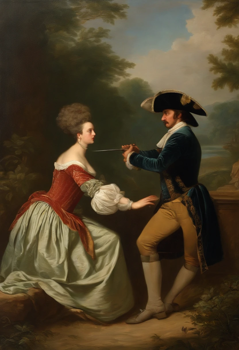 Show scenes of fighting rivalry and tension between the 2 suitors, perhaps a duel of some kind. in 17 century
